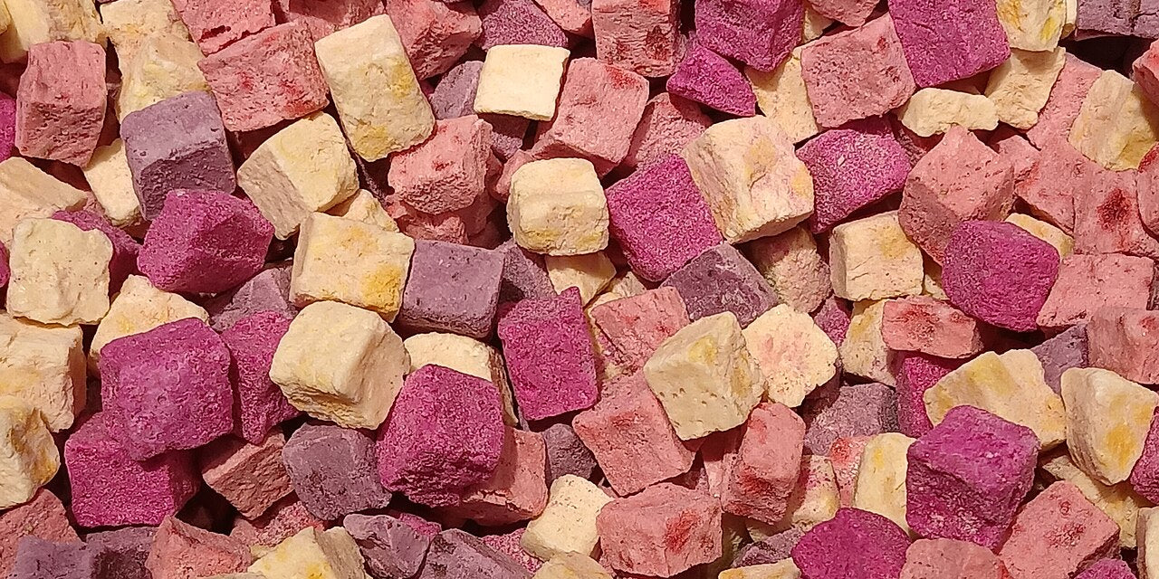 An assortment of freeze dried fruit, including strawberry and bananas