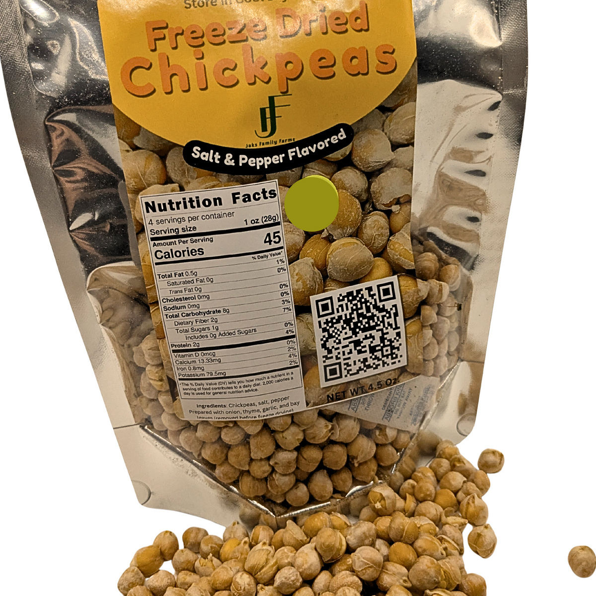 A bag of freeze salt and pepper flavored chickpeas with a nutrition label and QR code, and a pile of freeze dried chickpeas in the front