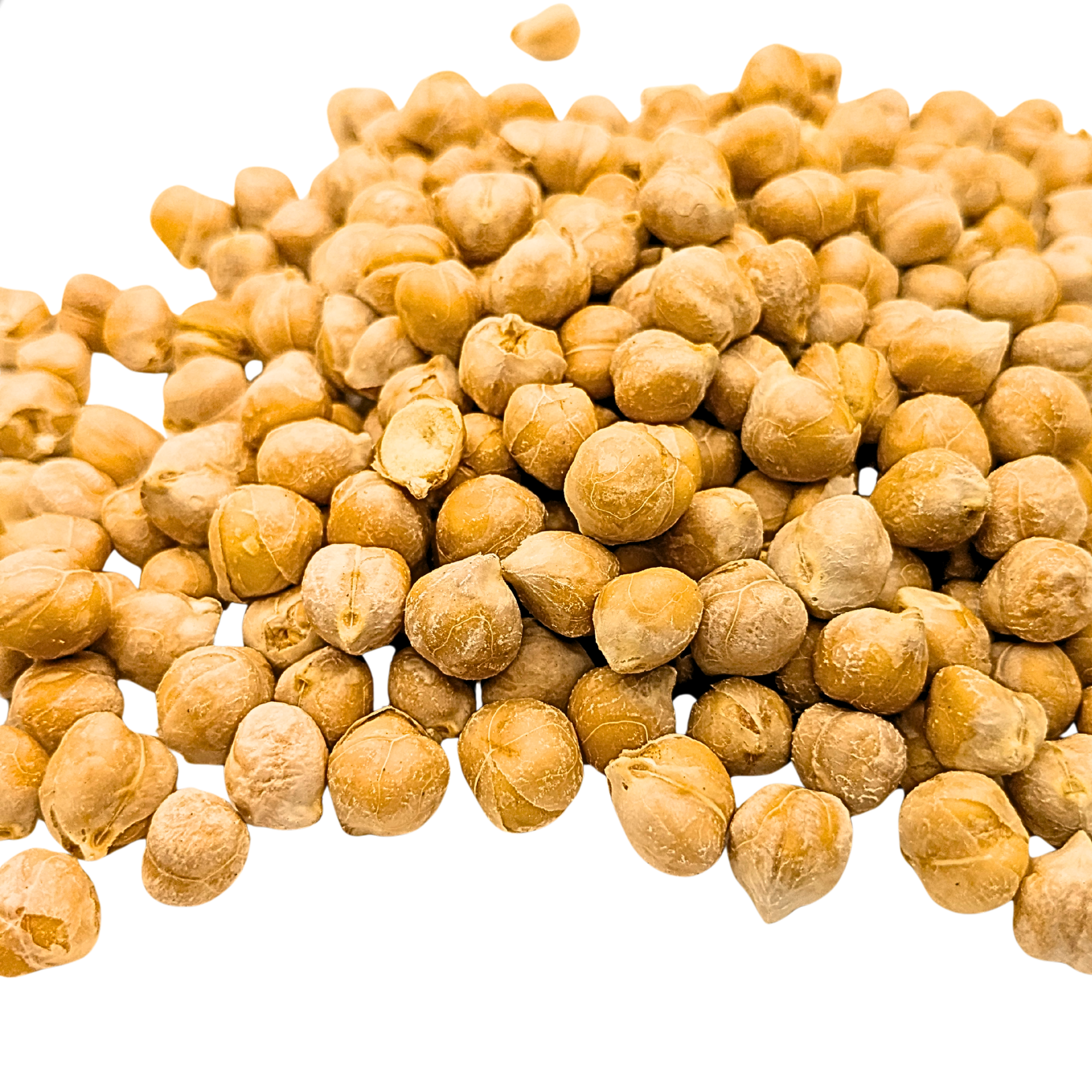 A pile of freeze dried chickpeas in a golden-beige color, isolated on a solid white background.