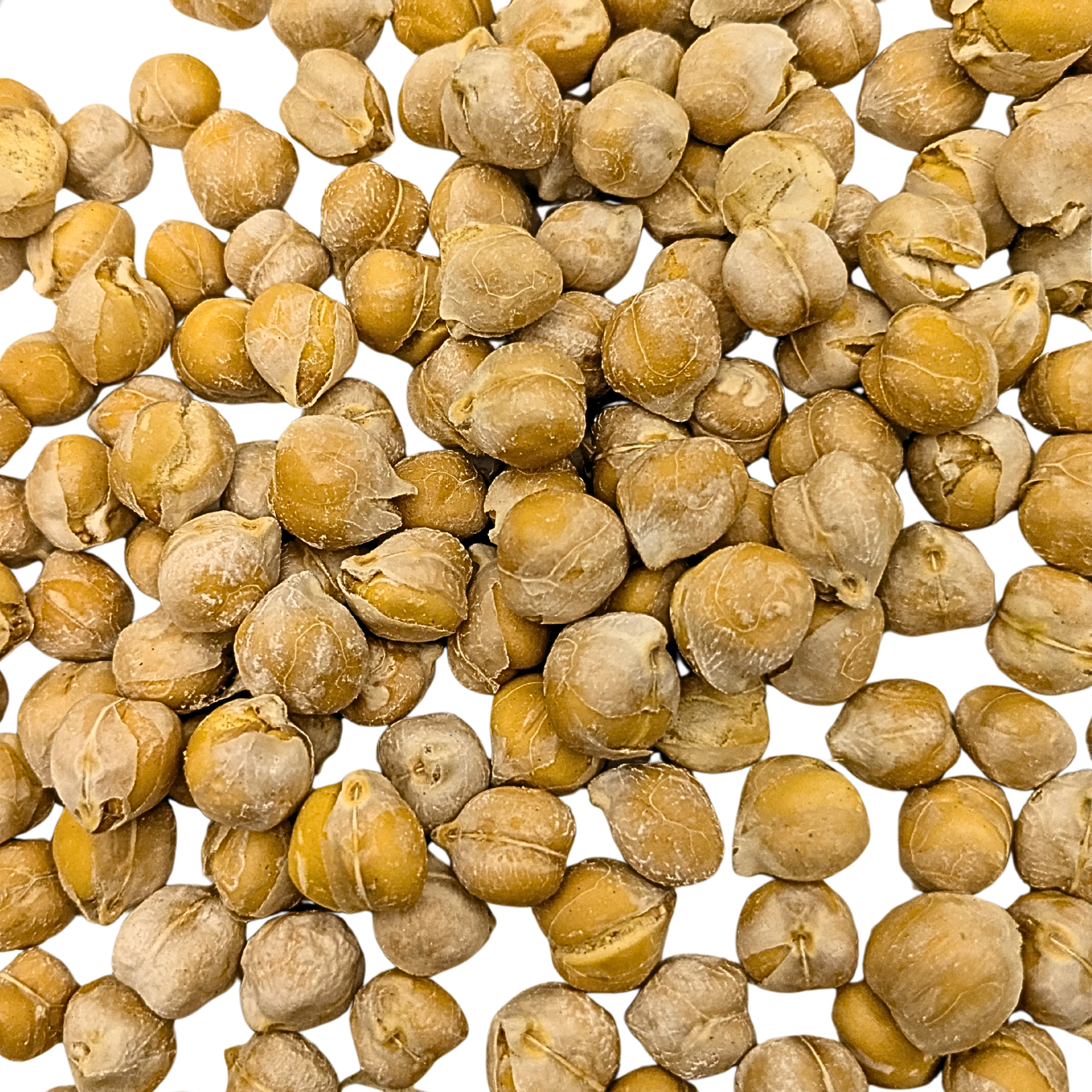 A close-up pile of freezchickpeas light brown skins, filling the frame against a white background.