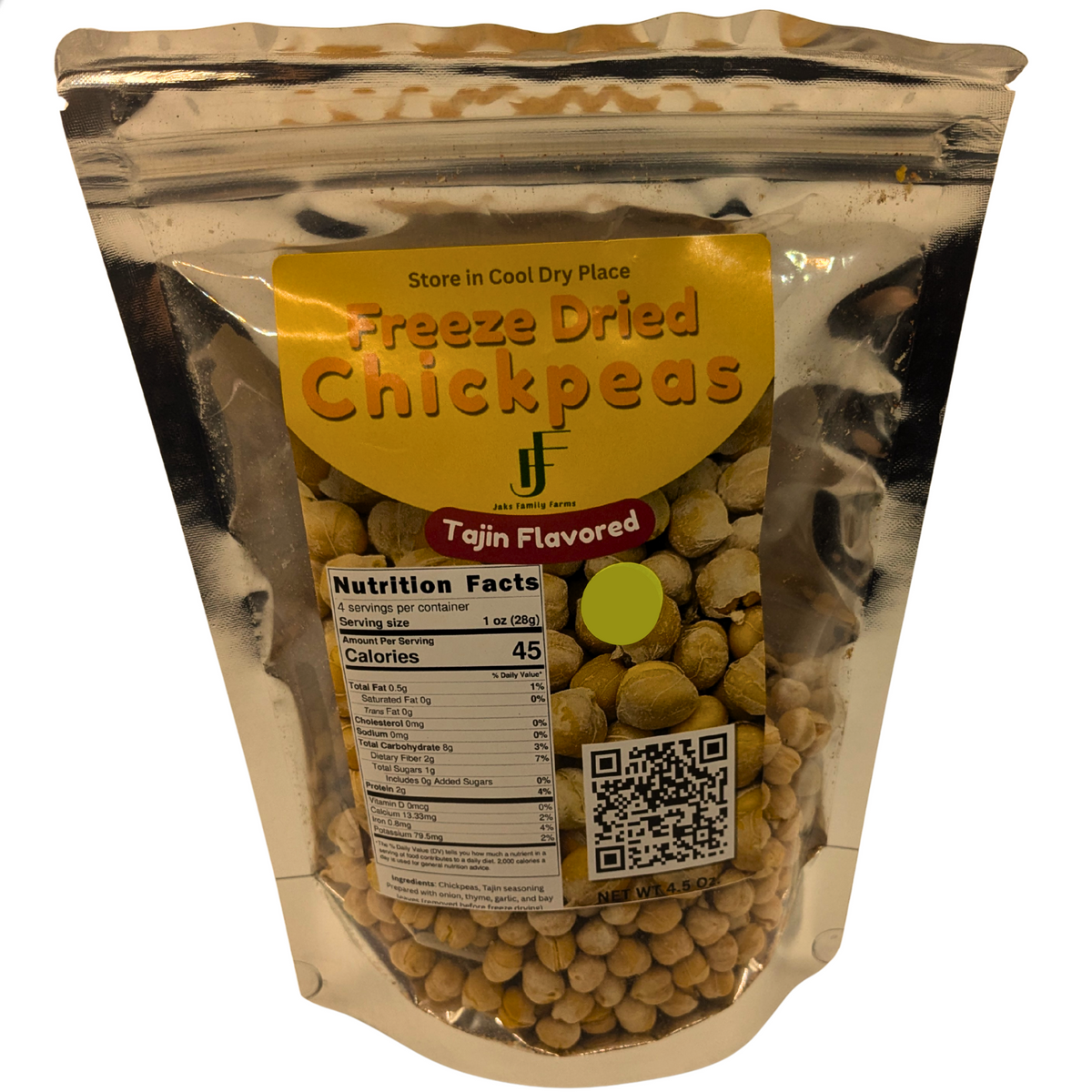 A stand-up resealable pouch of freeze dried chickpeas on a plain white background. The packaging is metallic silver with a large yellow front label reading 'Freeze Dried Chickpeas' and 'Tajin Flavored.