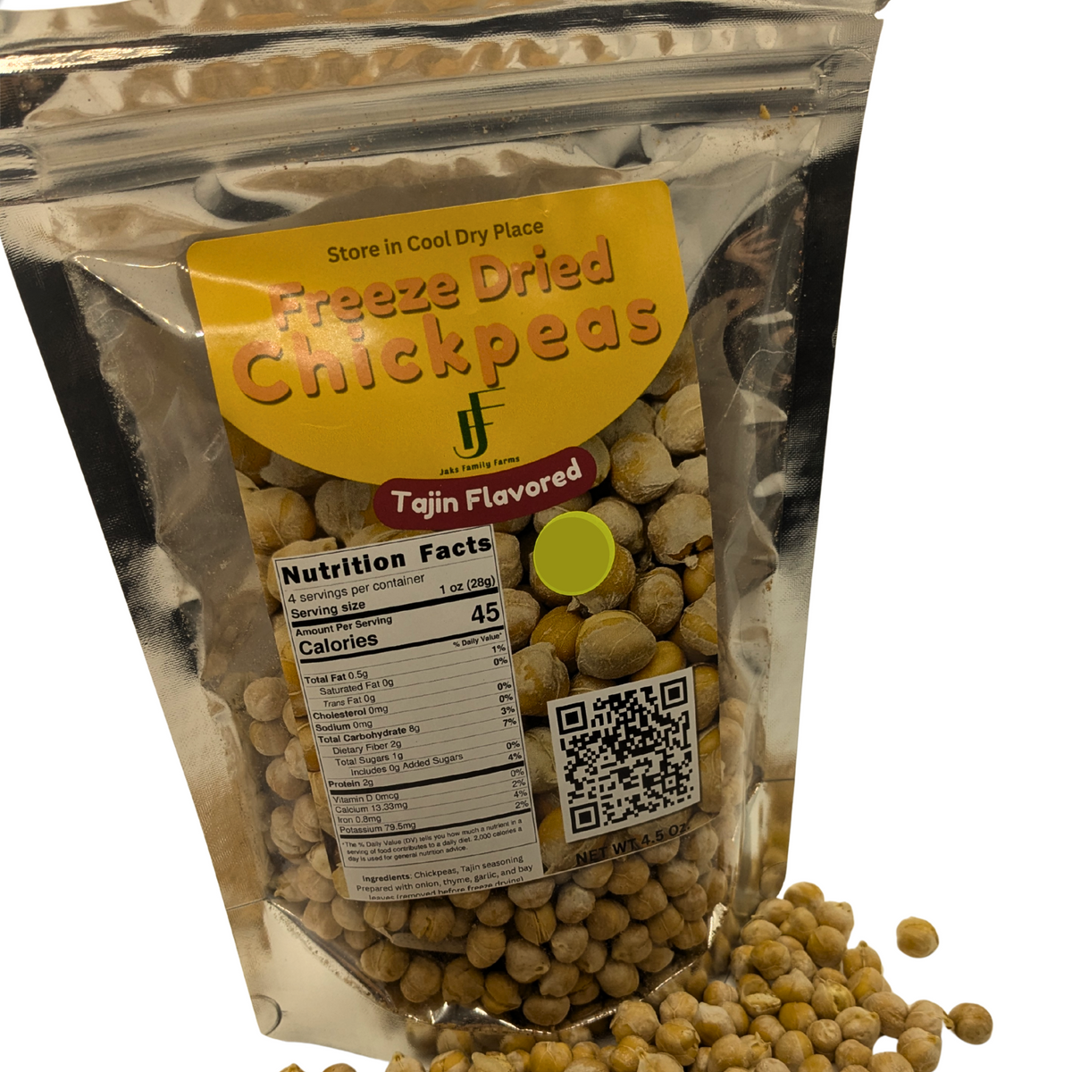 A stand-up pouch of freeze dried chickpeas, labeled 'Freeze Dried Chickpeas Tajin Flavored' with a yellow label and visible chickpeas inside, with additional chickpeas scattered in front on a white background.