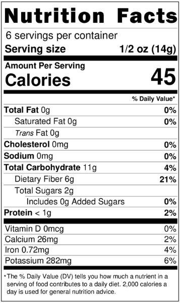 Nutrition facts label for a product with serving size, calories, and detailed nutritional information.