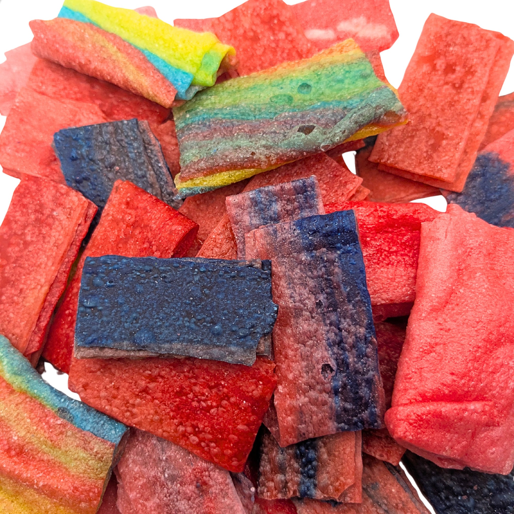Ribbon Bitz, which are a rectangular freeze dried candy that's mostly red with some indigo, green, and orange pieces