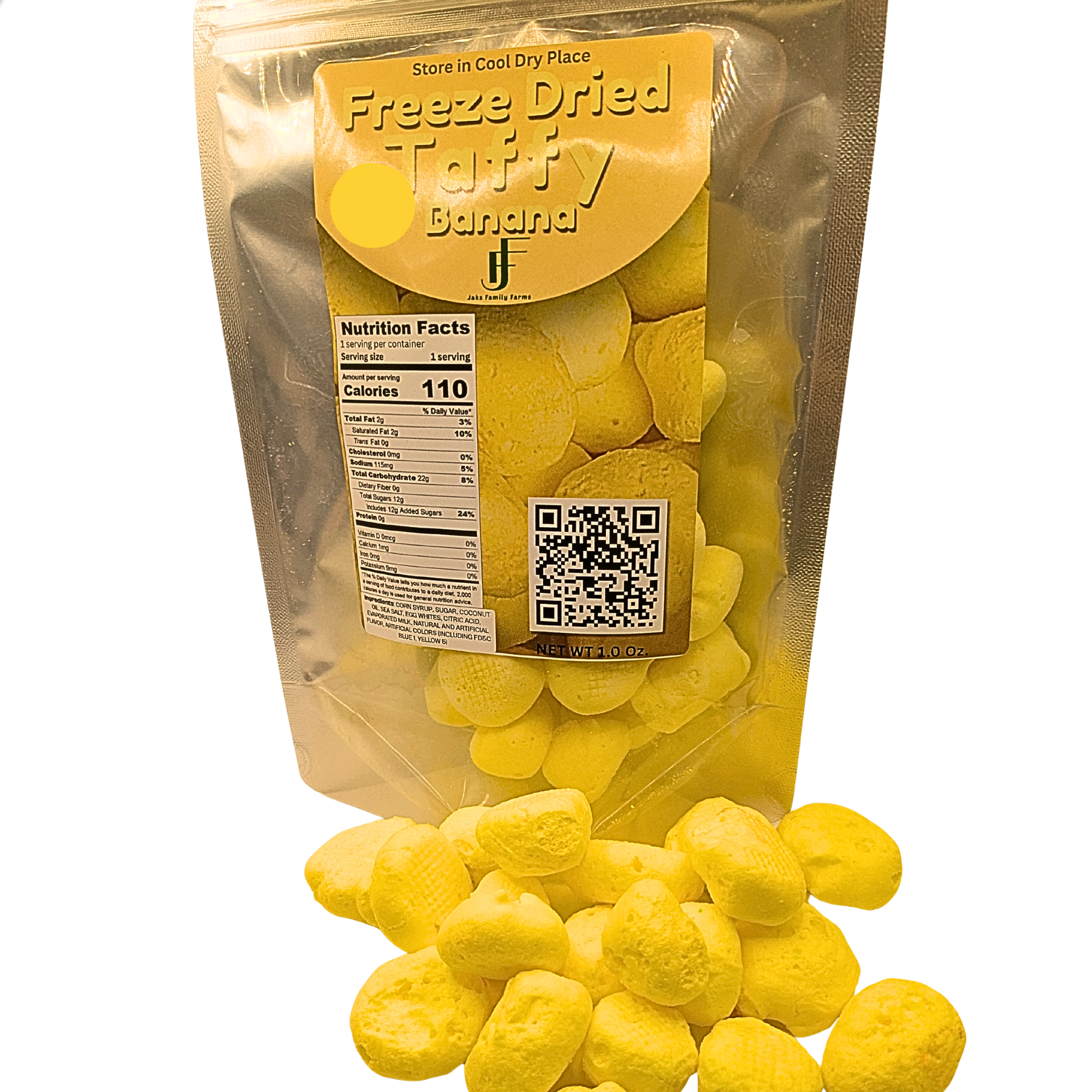A bag of freeze dried banana taffy with a pile of taffy in front of it