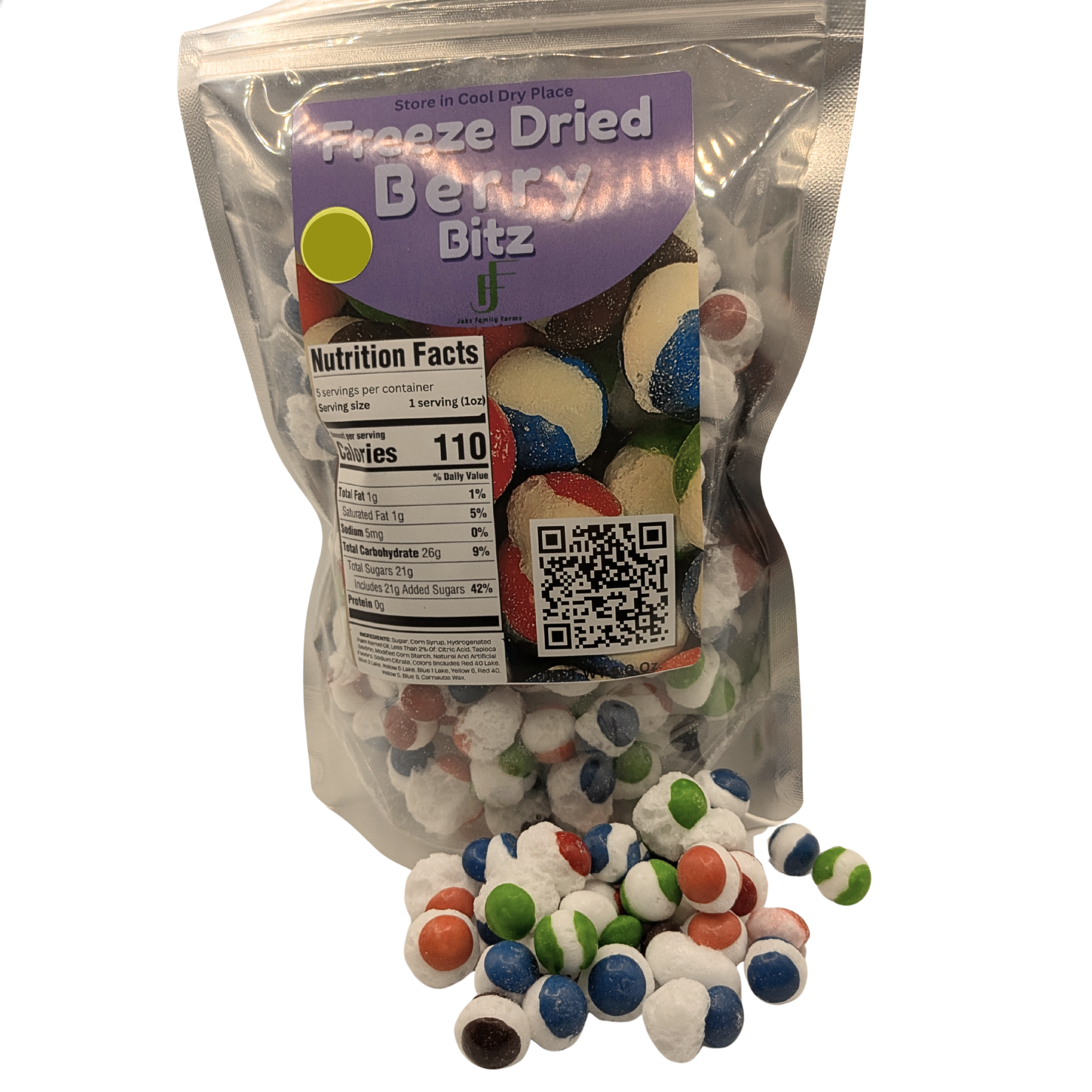 A bag of Freeze Dried Berry Bitz candy with several loose multicolored candies spilled in front on a white background.