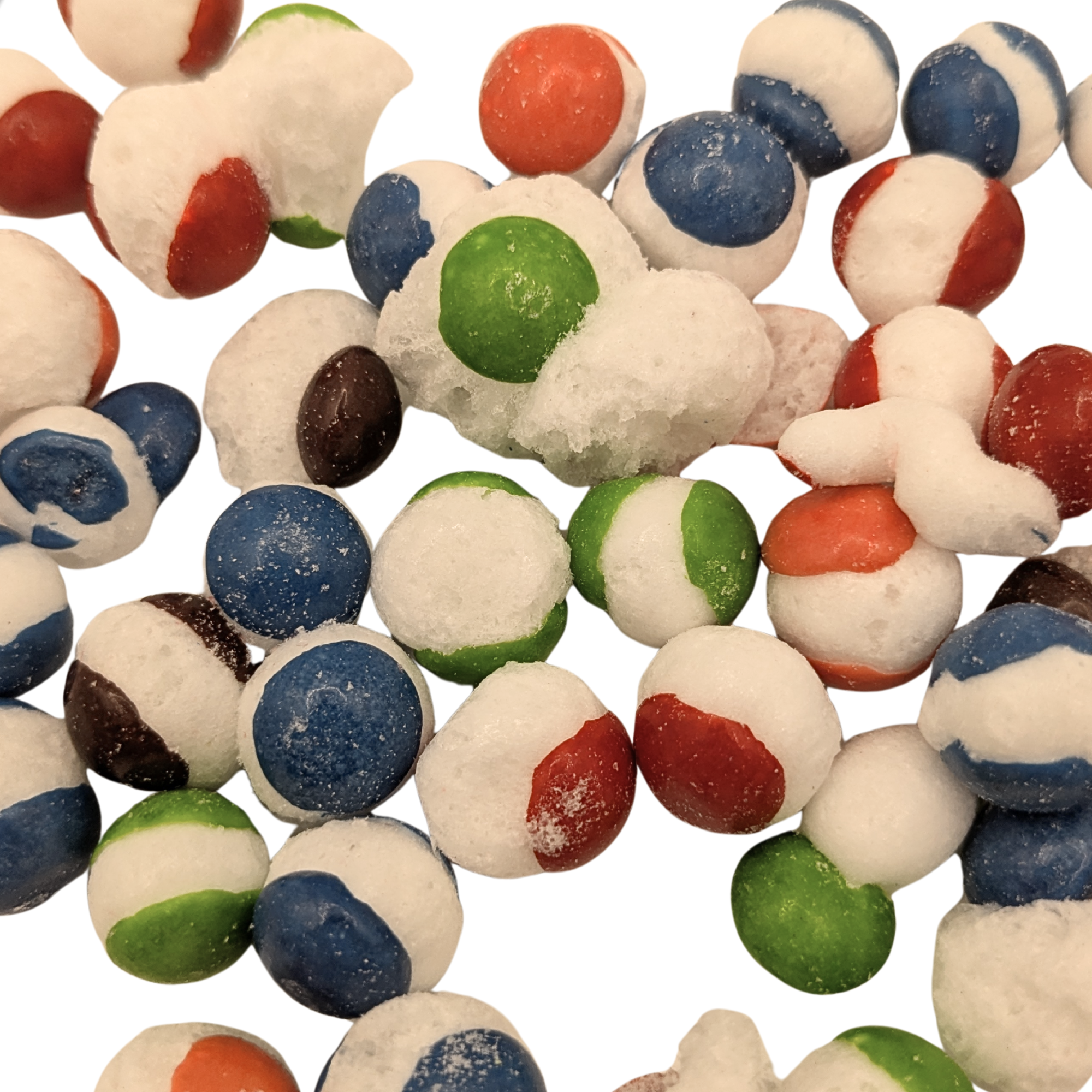 A close-up pile of colorful round candies in blue, red, green, orange, and brown on a white background.