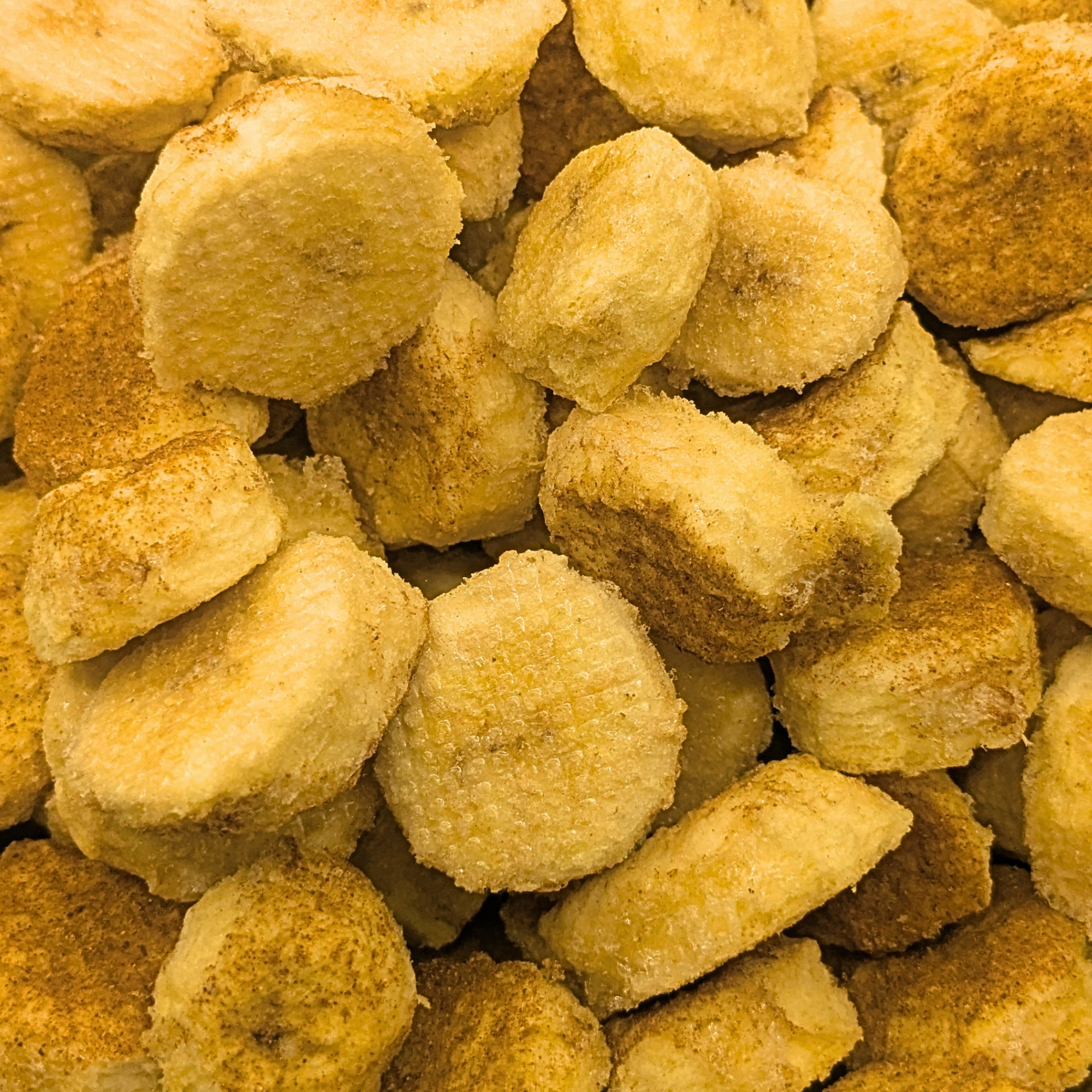 Freeze dried sliced honey cinnamon bananas, which are a golden yellow with dusts of cinnamon