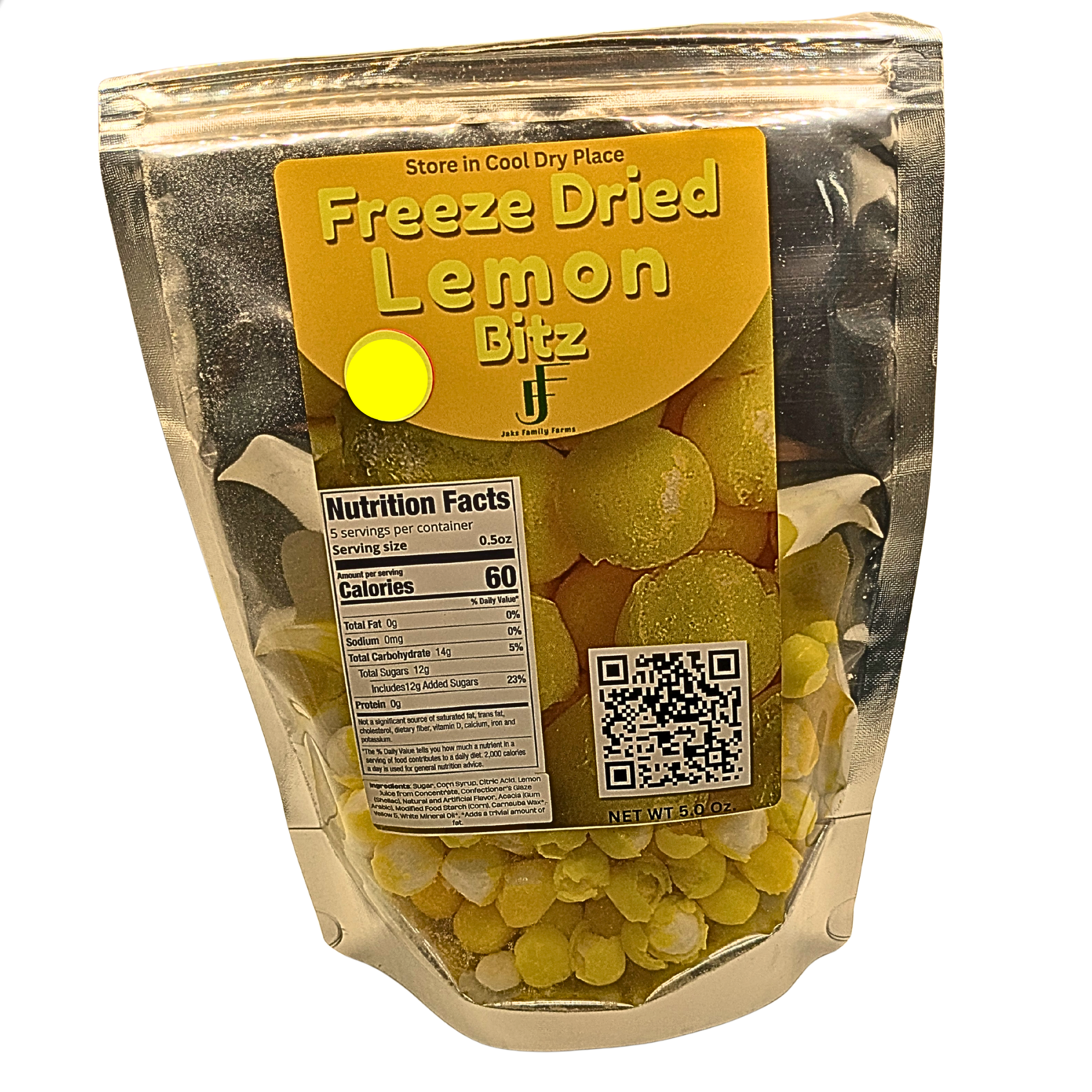 A stand-up pouch of freeze dried lemon bits candy, featuring a yellow label with the text 'Freeze Dried Lemon Bitz' and a QR code, shown against a plain white background.