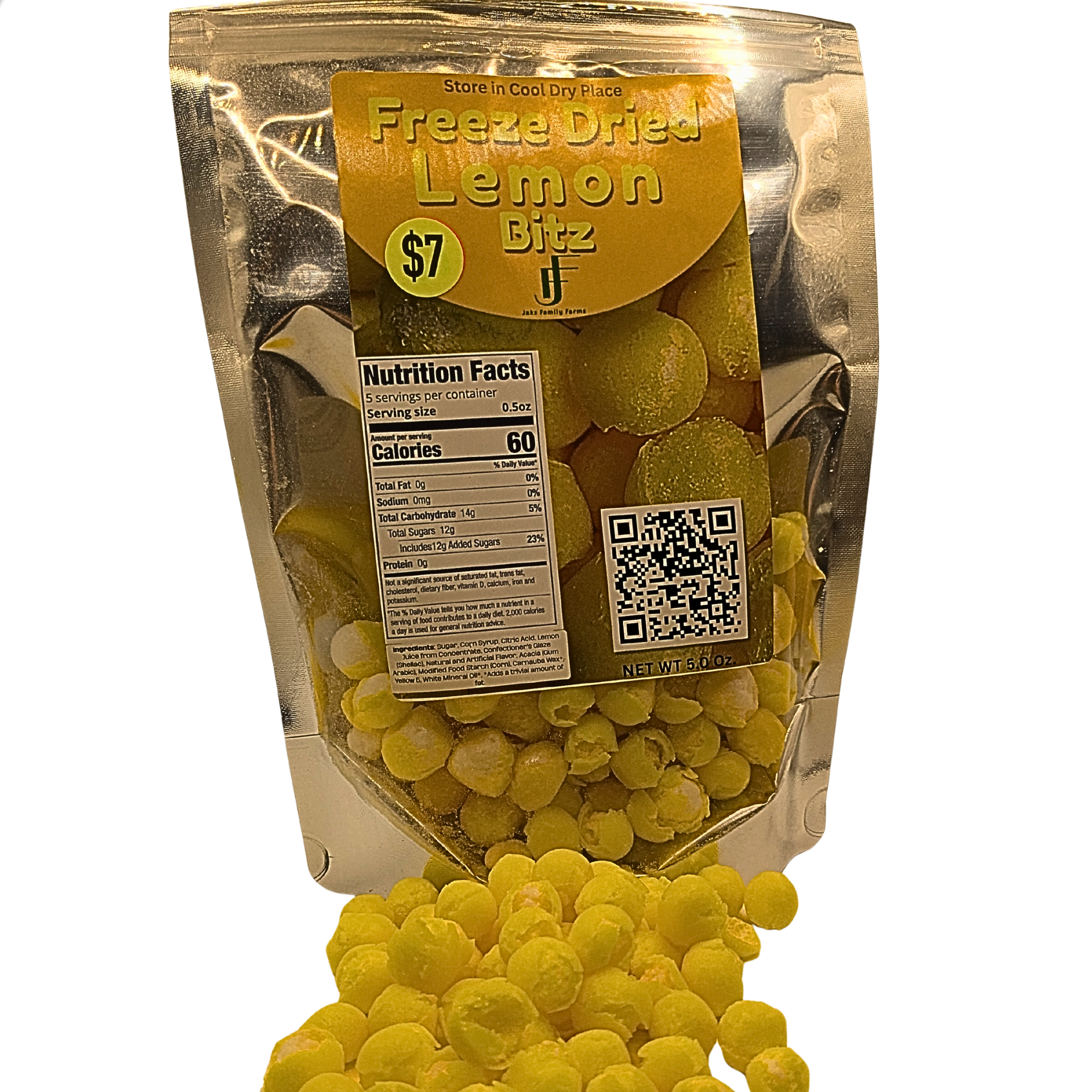 A stand-up pouch of Freeze Dried Lemon Blitz snack mix with yellow freeze-dried pieces spilling out in front on a white background.