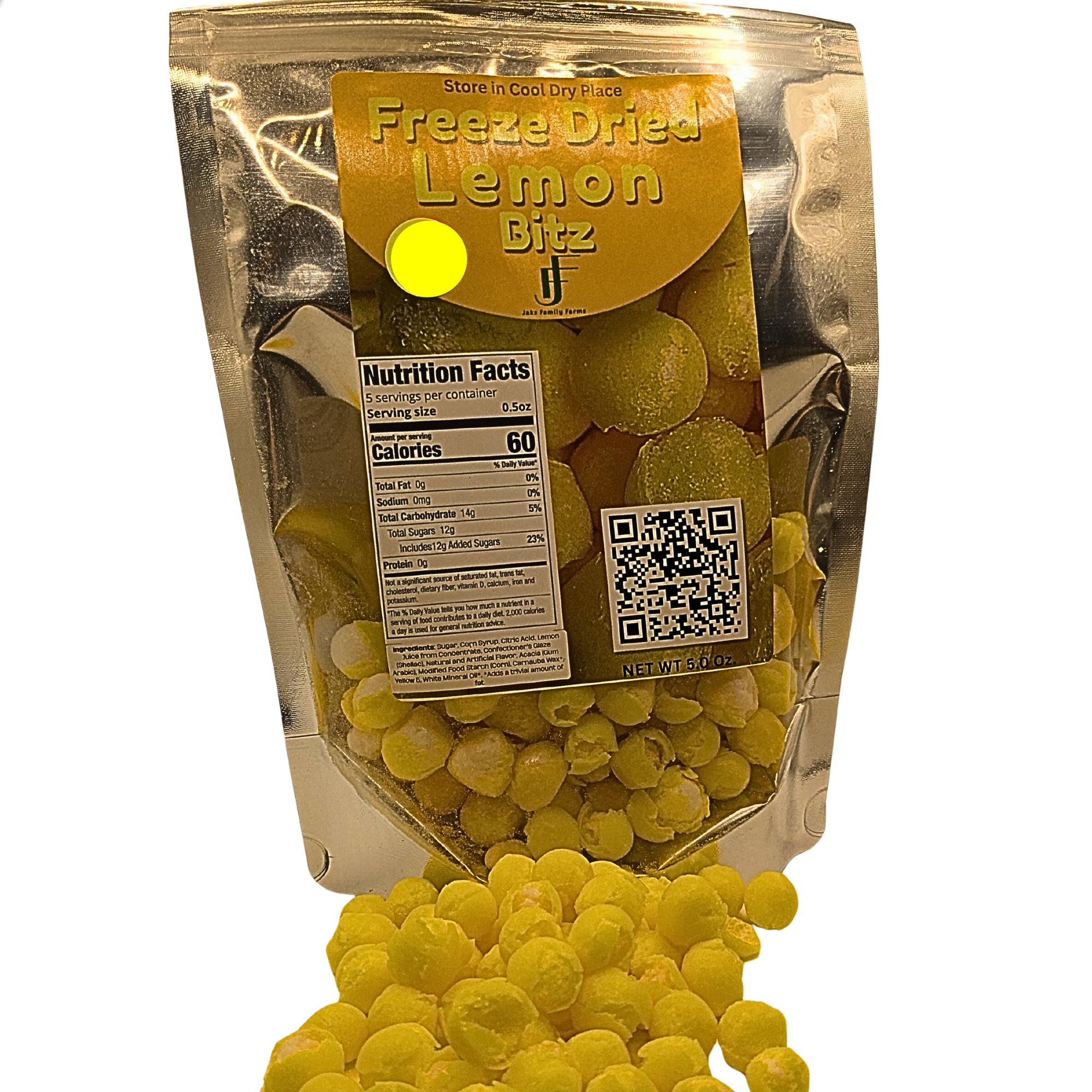 A stand-up pouch of Freeze Dried Lemon Blitz snack mix with yellow freeze-dried pieces spilling out in front on a white background.