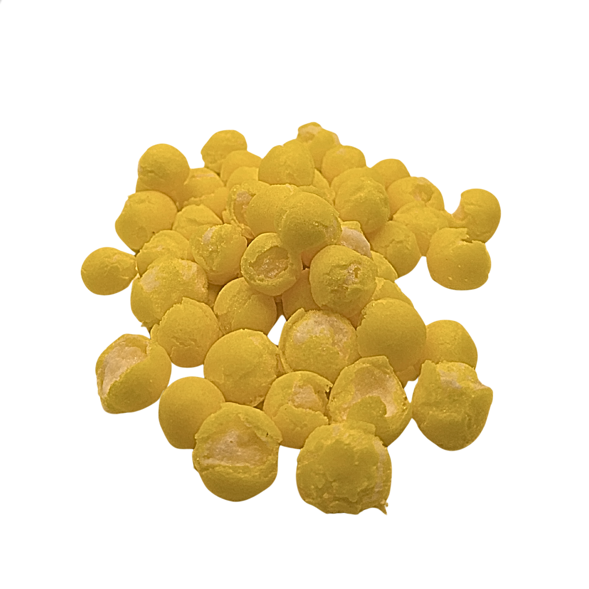 A pile of small, round, freeze dried lemon candy with a rough, textured surface, isolated on a solid white background.