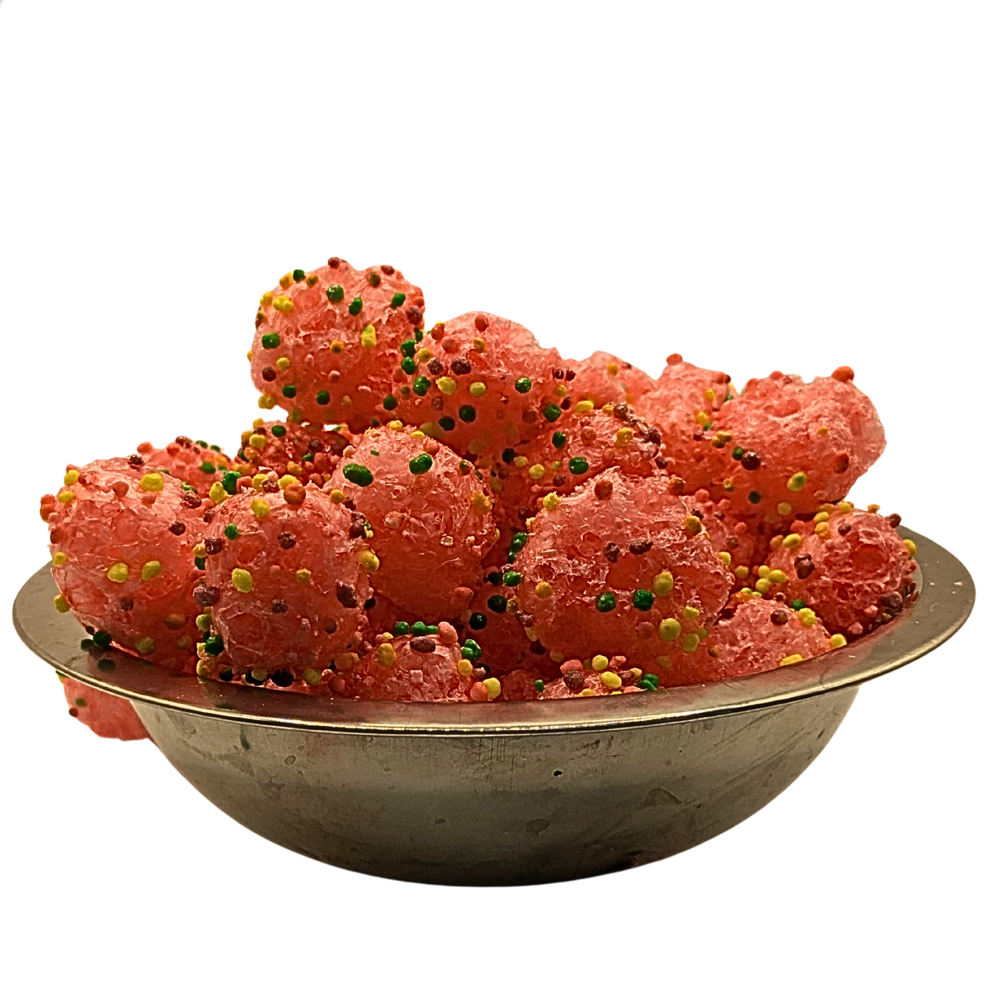 A pile of pink, bubbly candy spheres topped with multicolored sprinkles, served in a small metallic bowl against a plain white background.