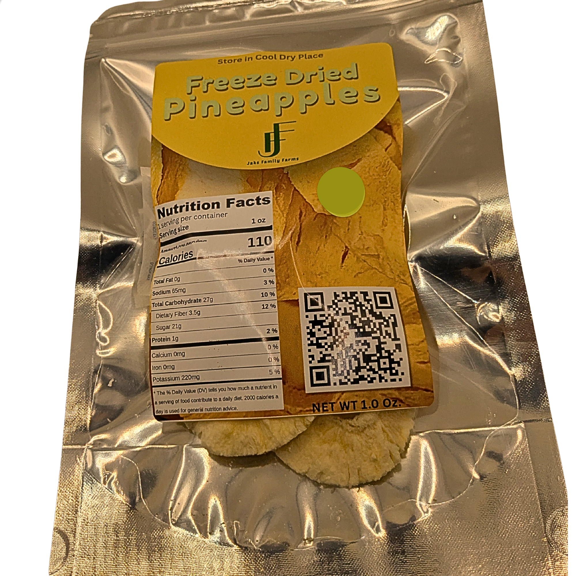 A 1.0 oz bag of freeze dried pineapples from Jaks Family Farms.