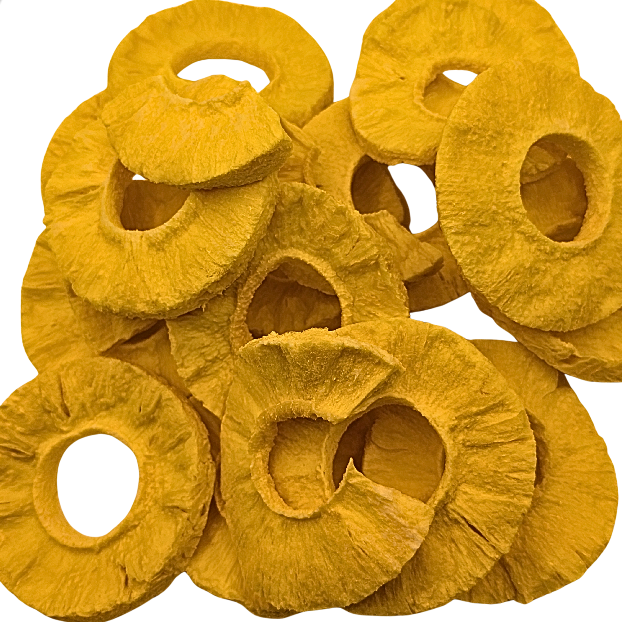 A pile of freeze dried pineapple rings with a textured, fibrous texture in a vibrant golden-yellow color, isolated on a white background.