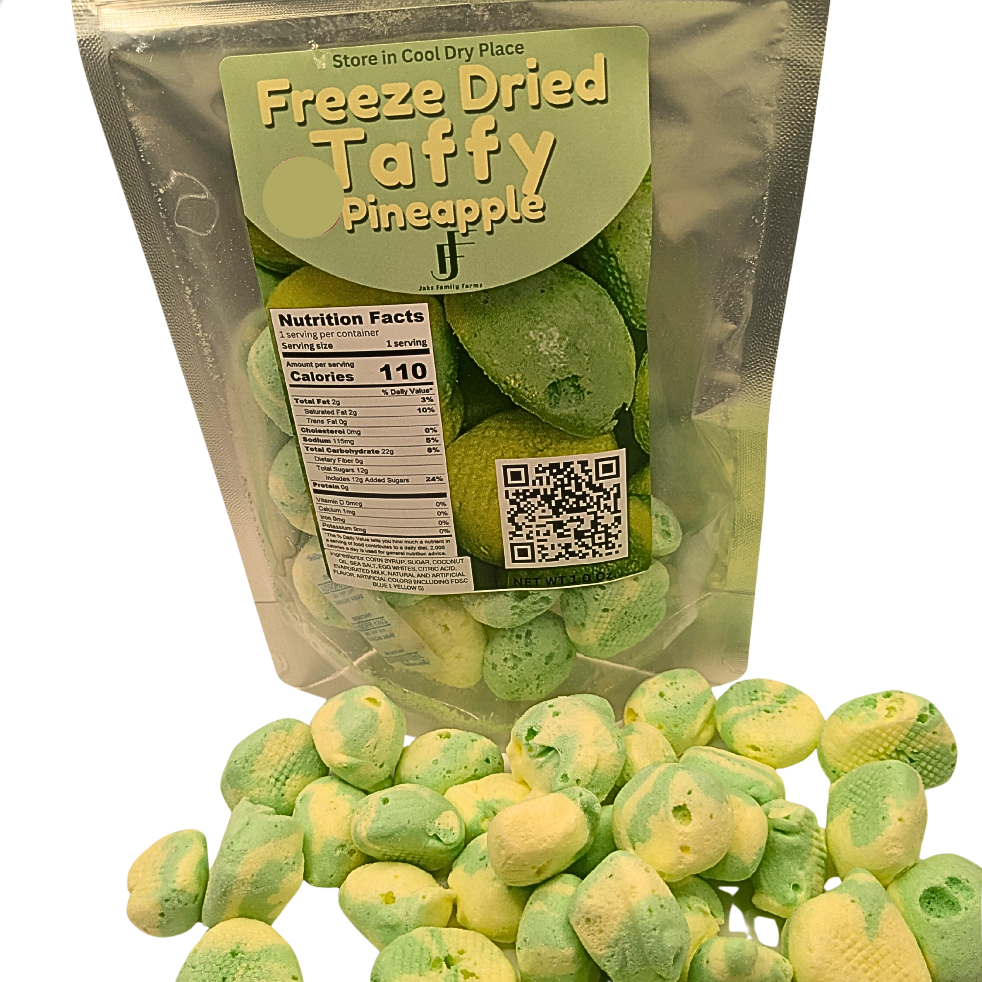 Bag of freeze dried pineapple taffy with candy in front