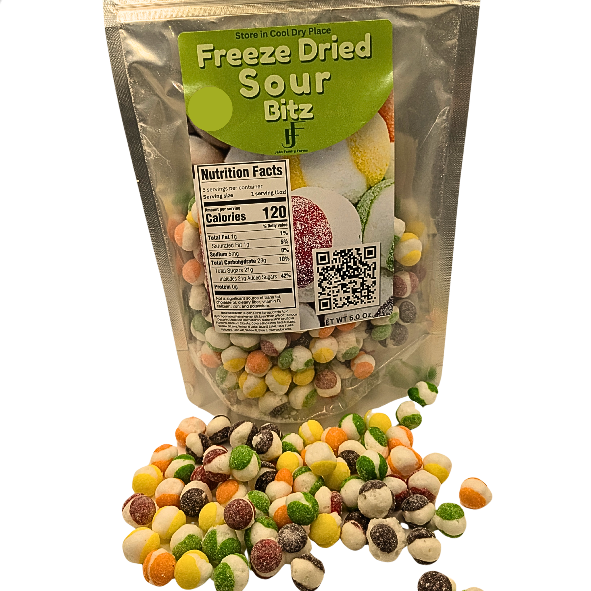 A package for Freeze Dried Sour Bitz with the candy in the front on a white background