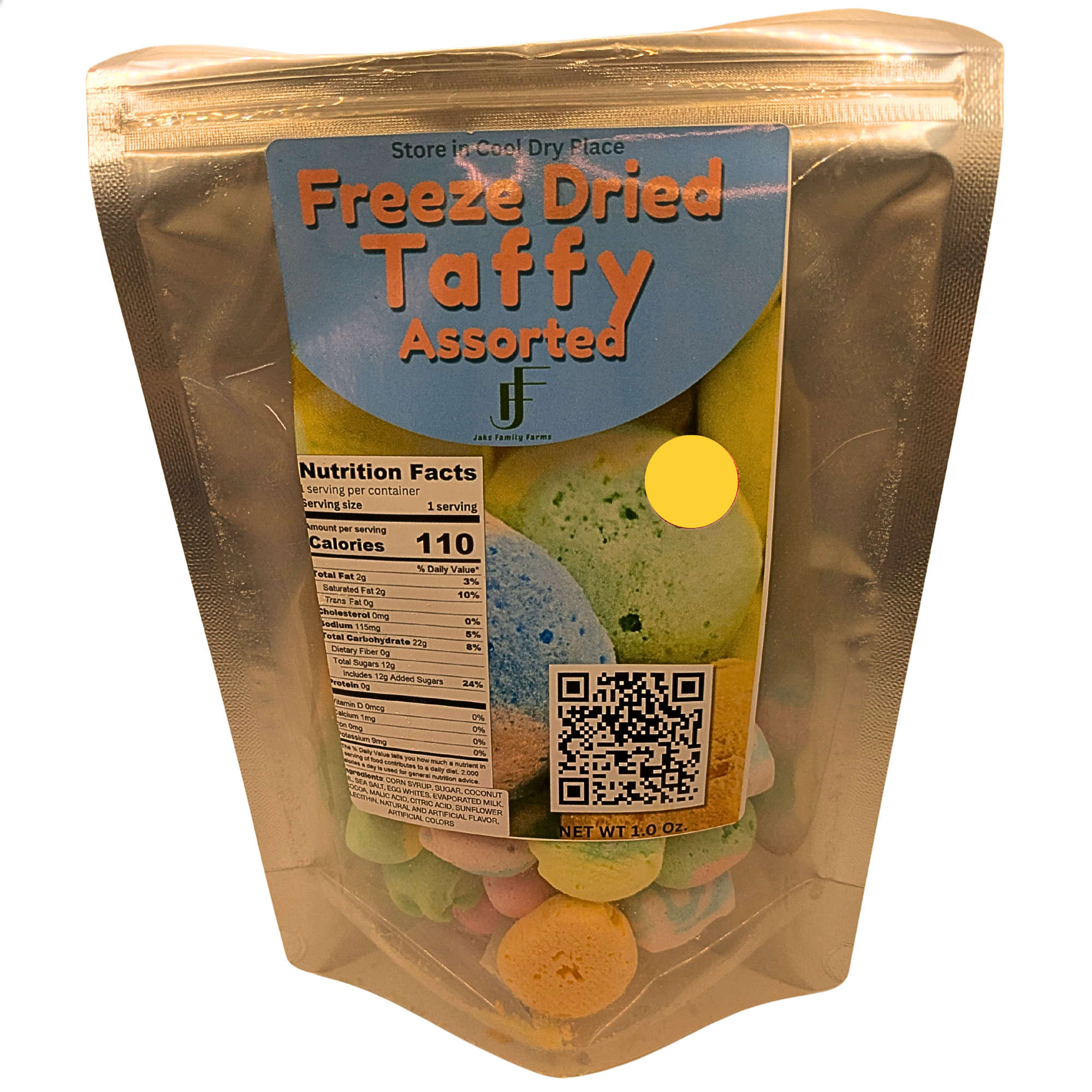 A stand-up pouch of Freeze Dried Taffy Assorted candies, featuring a metallic gold foil bag with a blue label and a clear window showing the colorful freeze-dried taffy pieces inside.