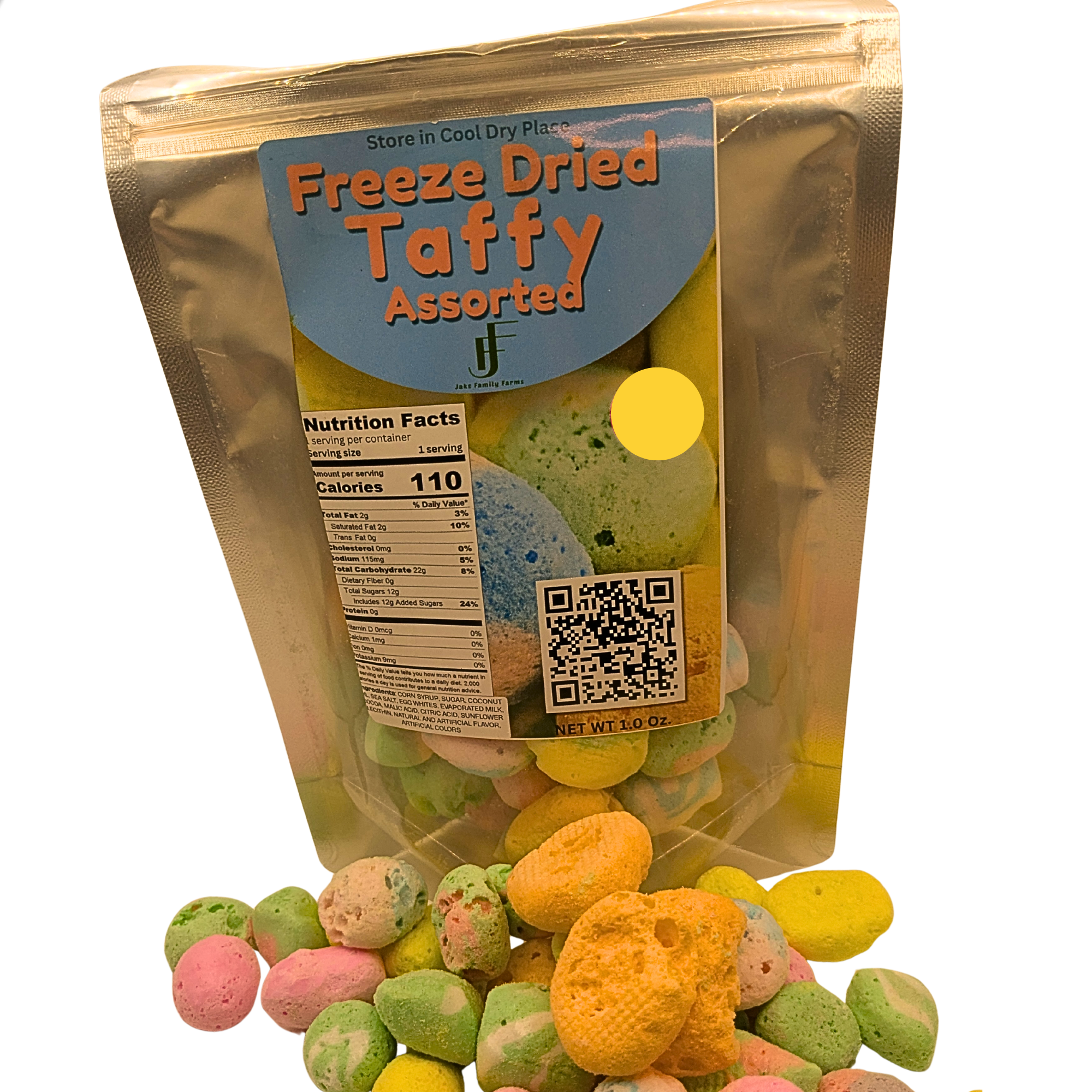 A bag of freeze dried assorted taffy with a pile of the taffy in the front