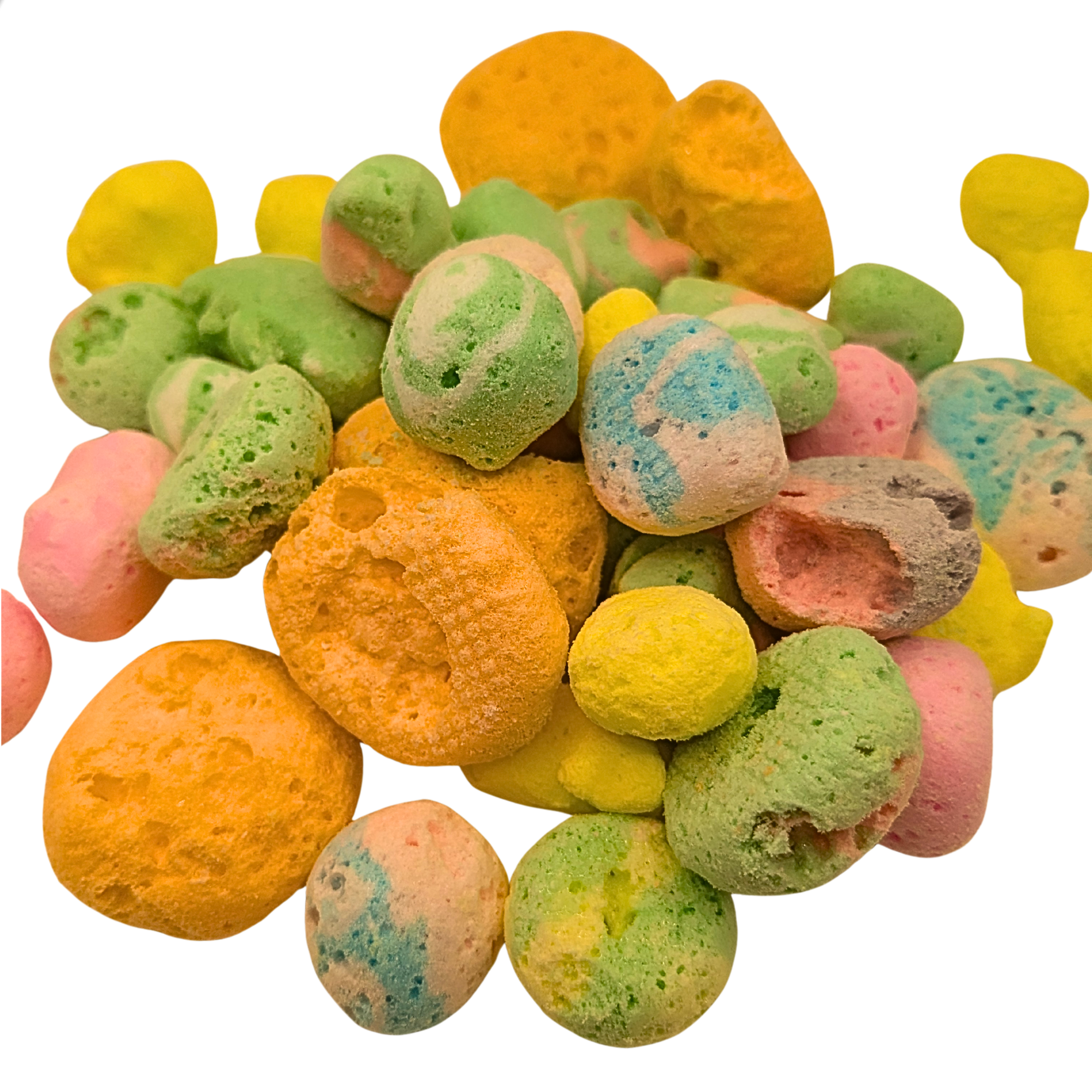 Pile of assorted freeze dried taffy on a white background