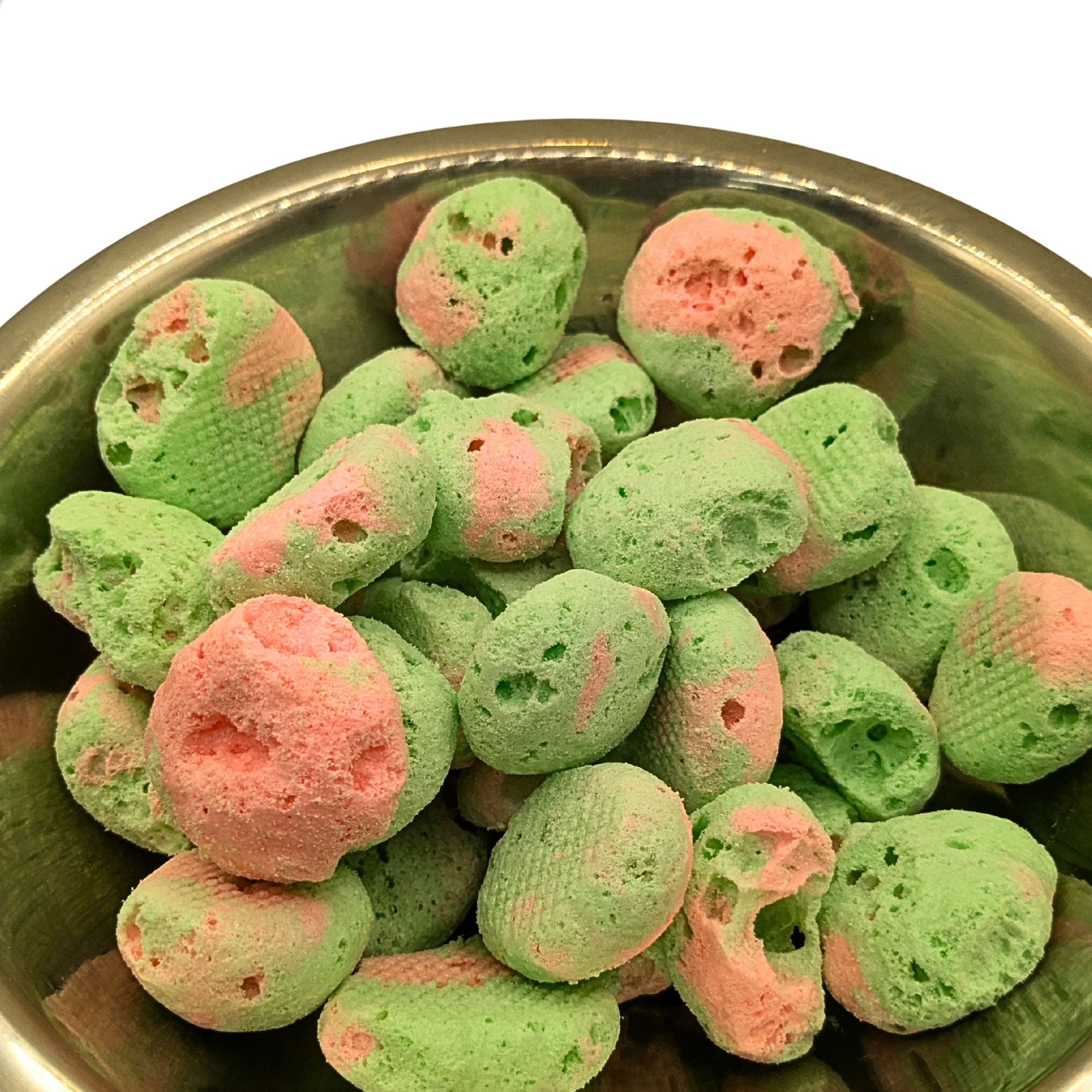 Freeze dried watermelon taffy in a bowl