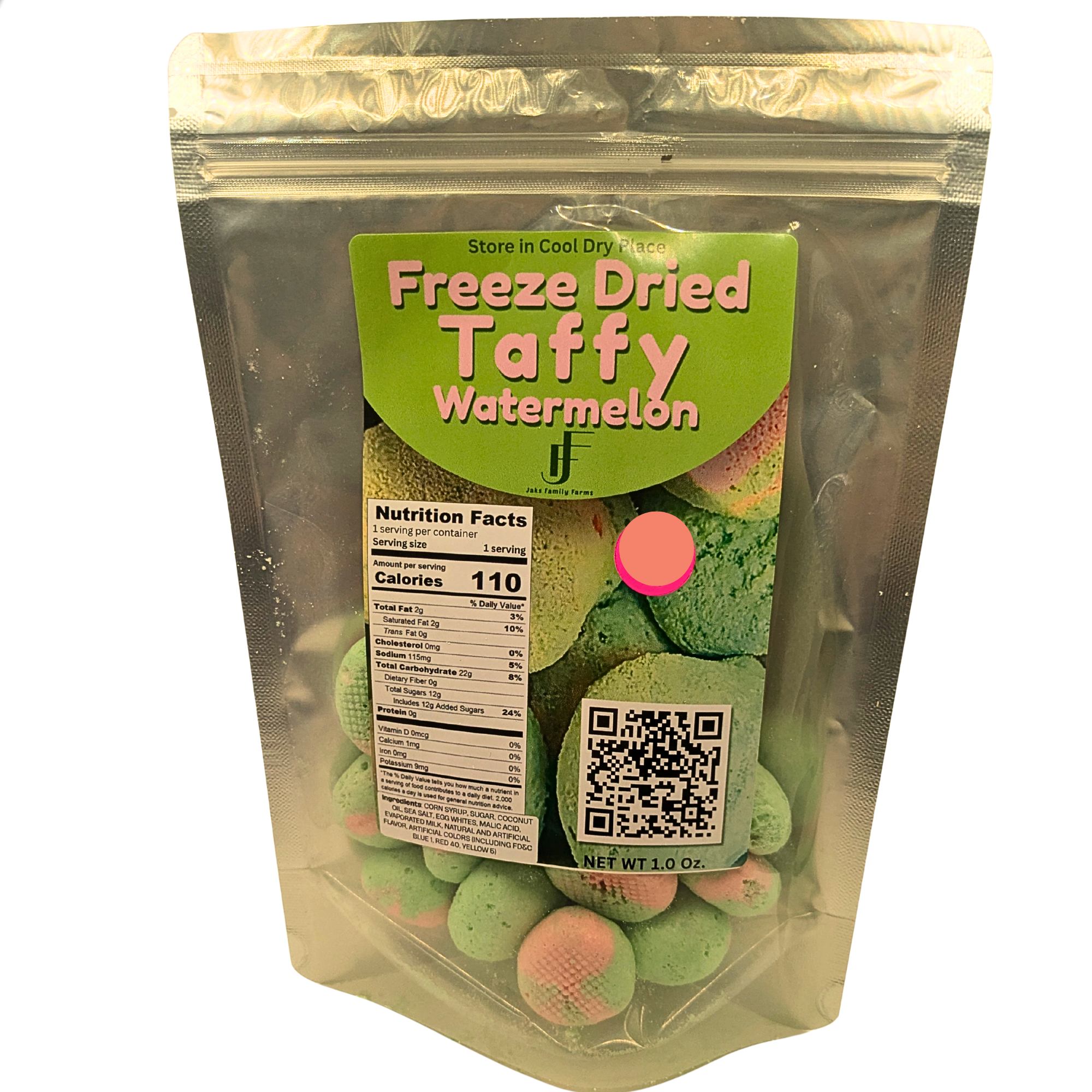 Bag of freeze dried watermelon taffy with label