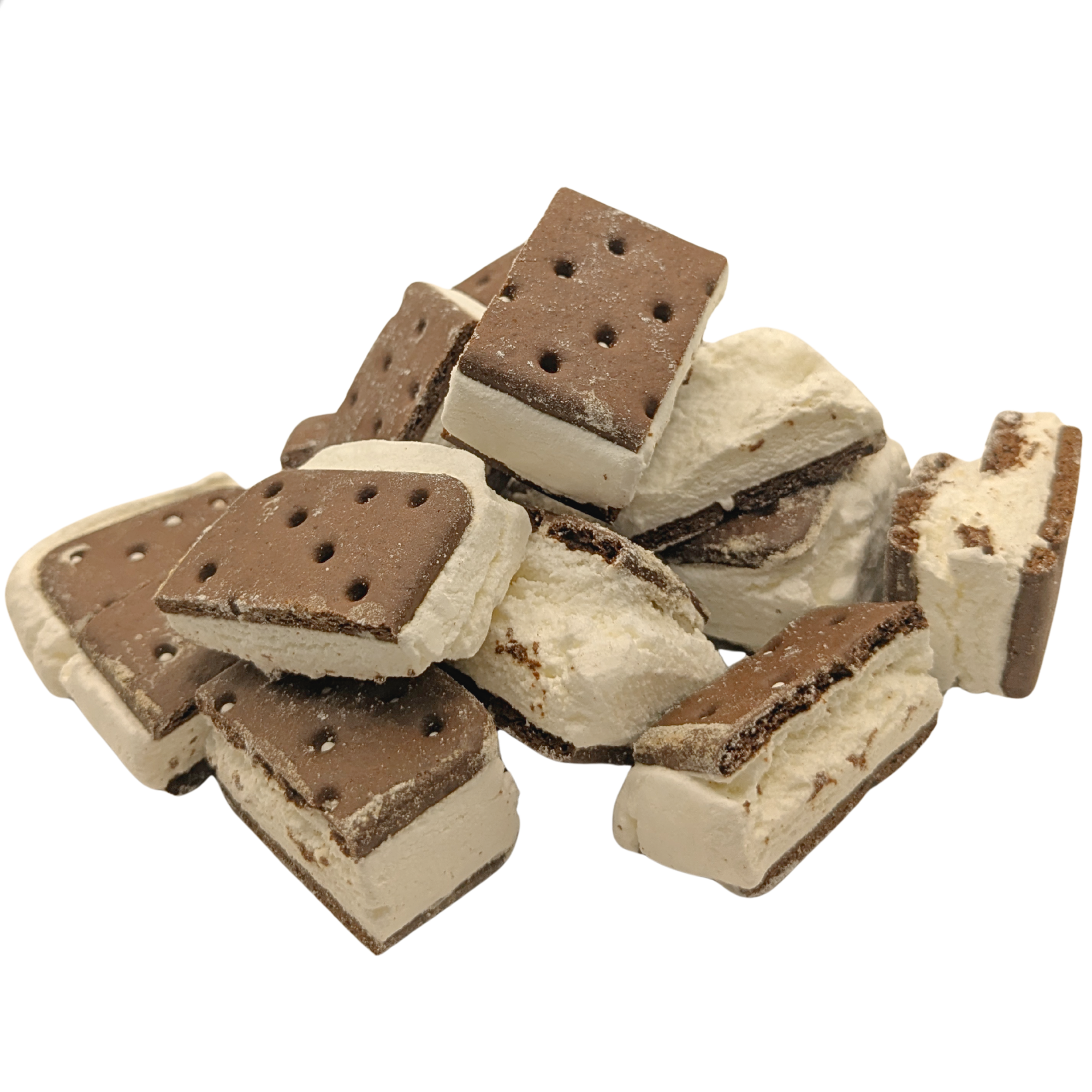 A pile of chocolate ice cream sandwich cookies on a plain white background.