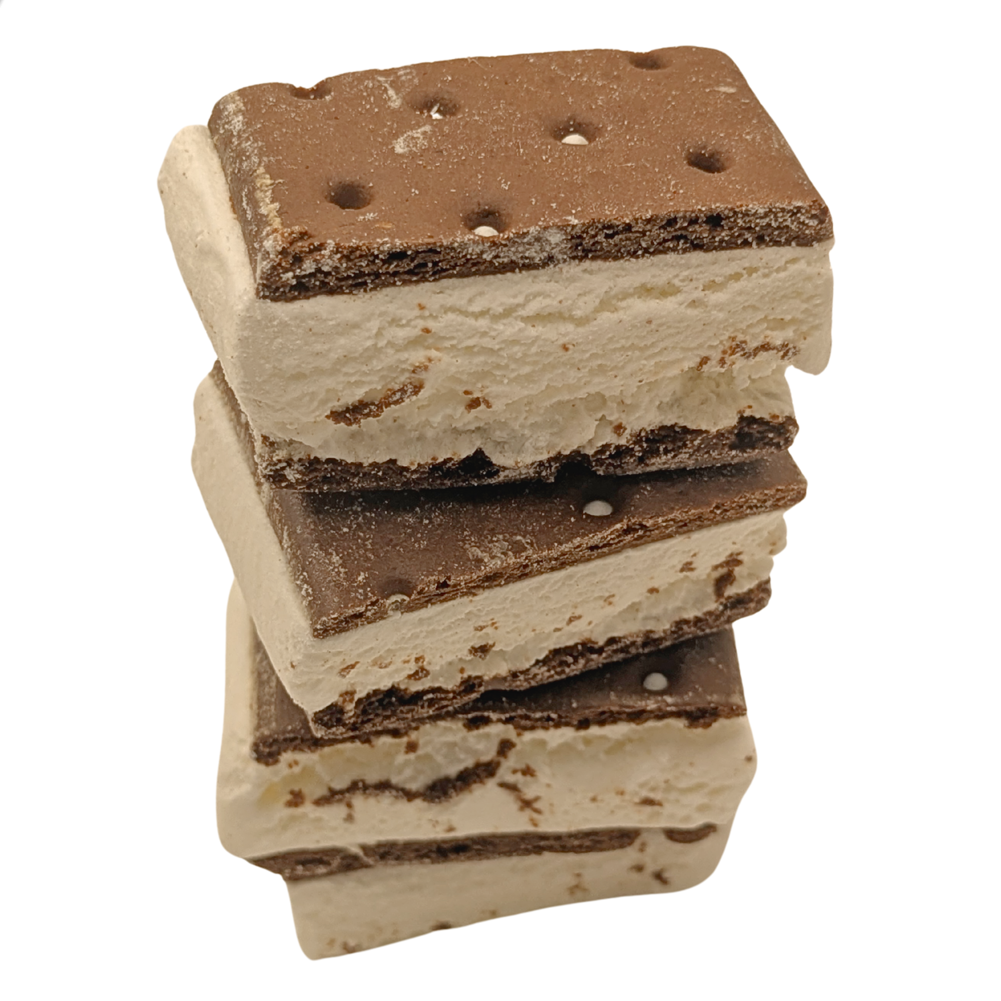 A stack of four chocolate ice cream sandwich cookies on a plain white background.