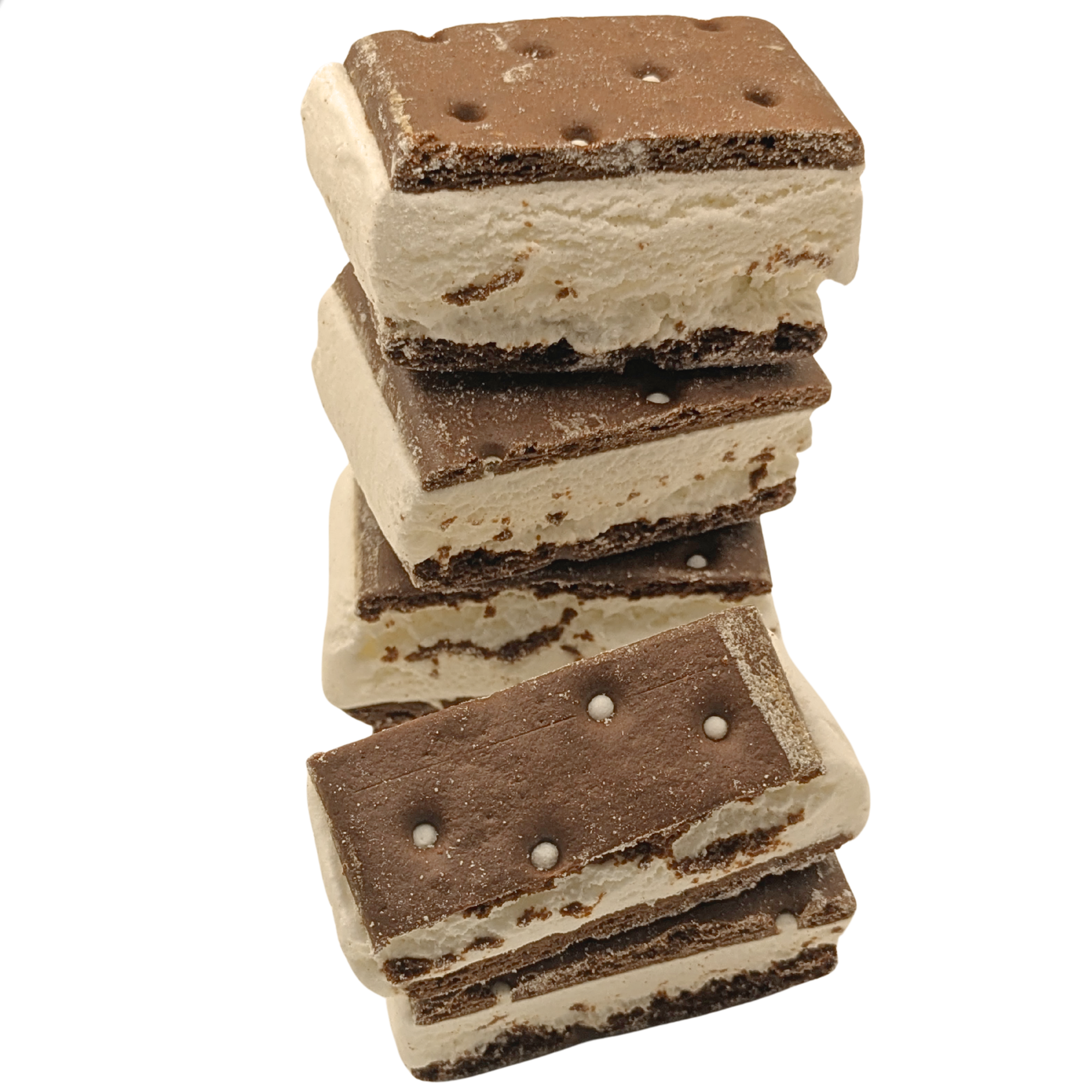 Six stacked chocolate ice cream sandwiches on a plain white background.
