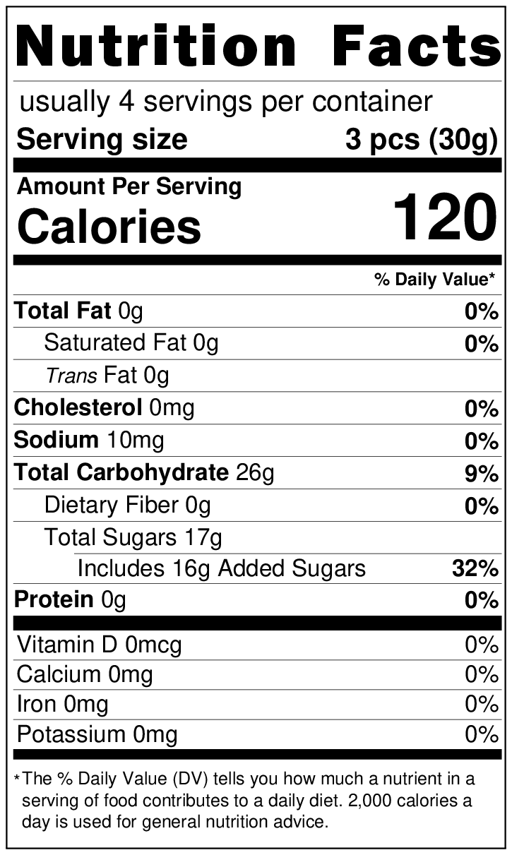 A nutrition label for Jujube Bitz showing a 1oz serving size and 120 calories