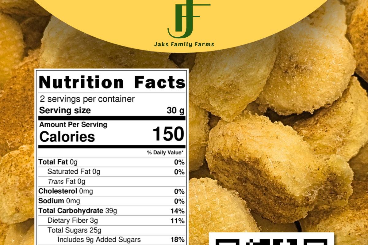 Label for freeze-dried honey cinnamon bananas with nutrition label and QR code