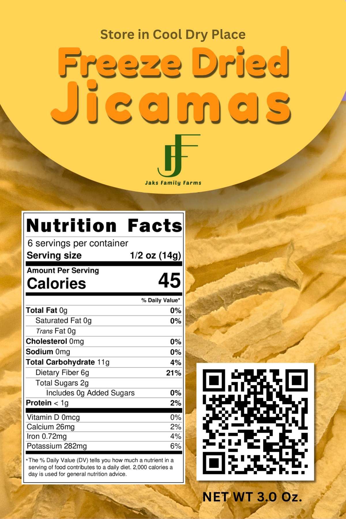 Freeze-dried jicama packaging with nutrition facts and QR code on a yellow background