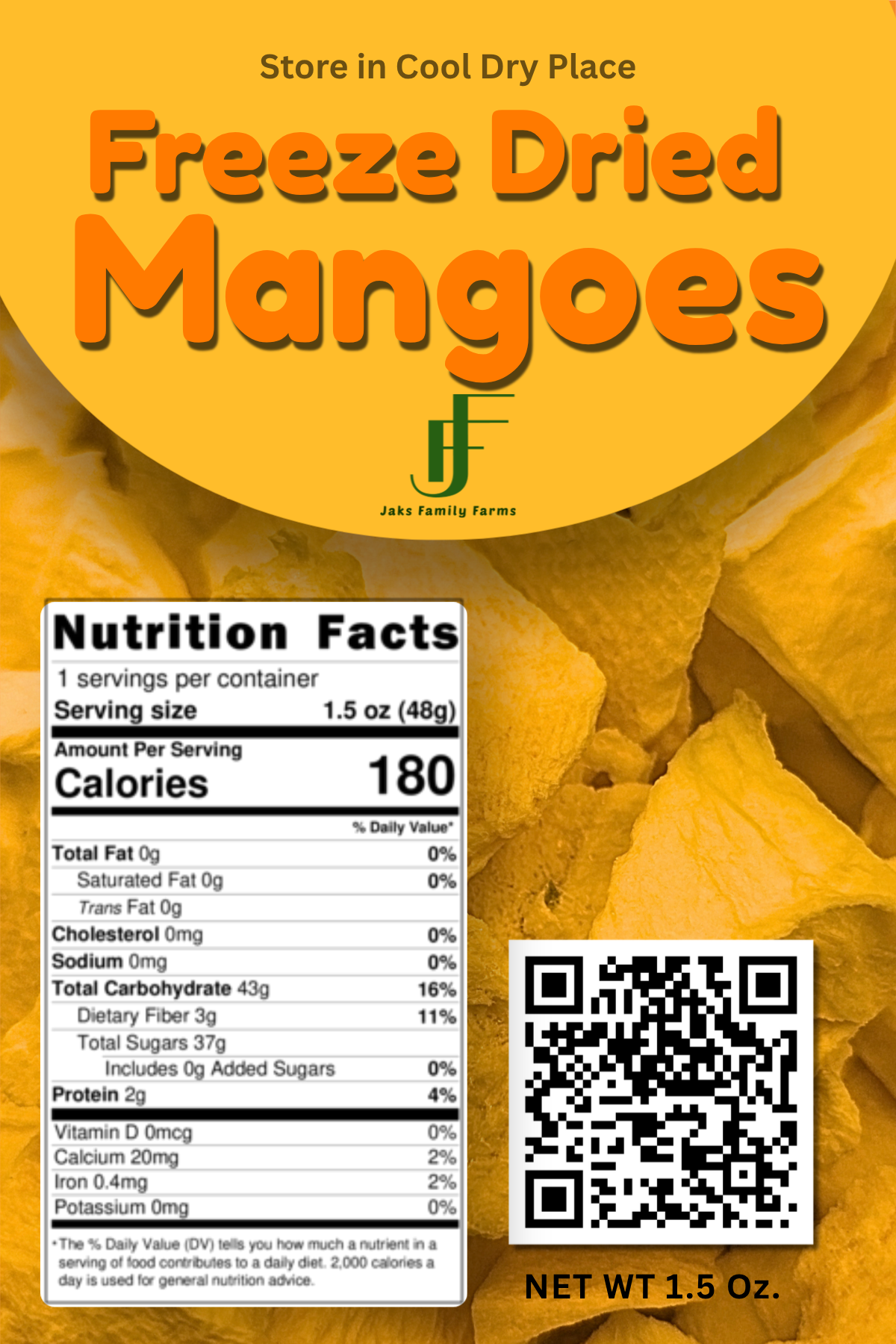 A packaging label for Freeze Dried Mangos with a nutrition label and QR code