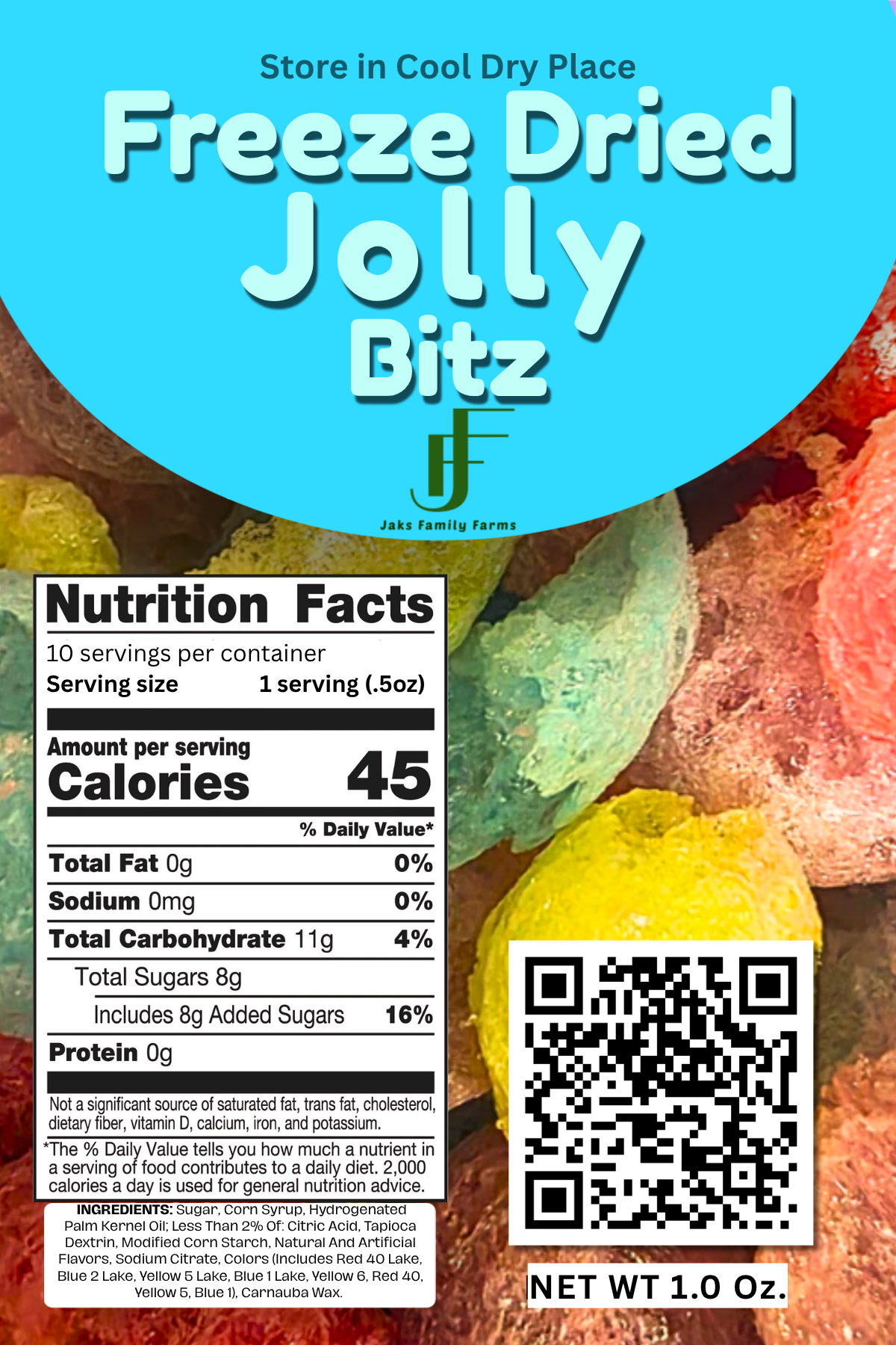 Label for freeze-dried Jolly Bitz with nutritional information