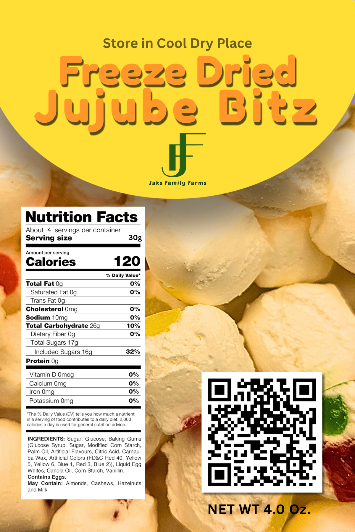 Packaging for Freeze Dried Jujube Bitz with a nutrition label and a QR code