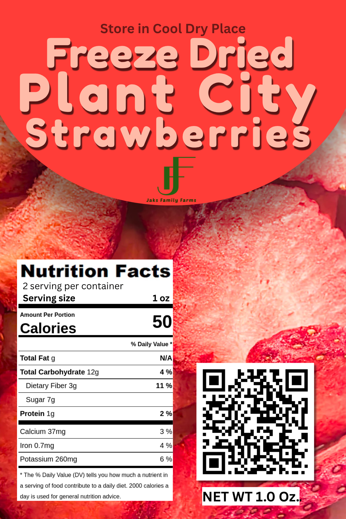 Label for Freeze Dried Plant City Strawberries with nutrition facts and QR code on a red background