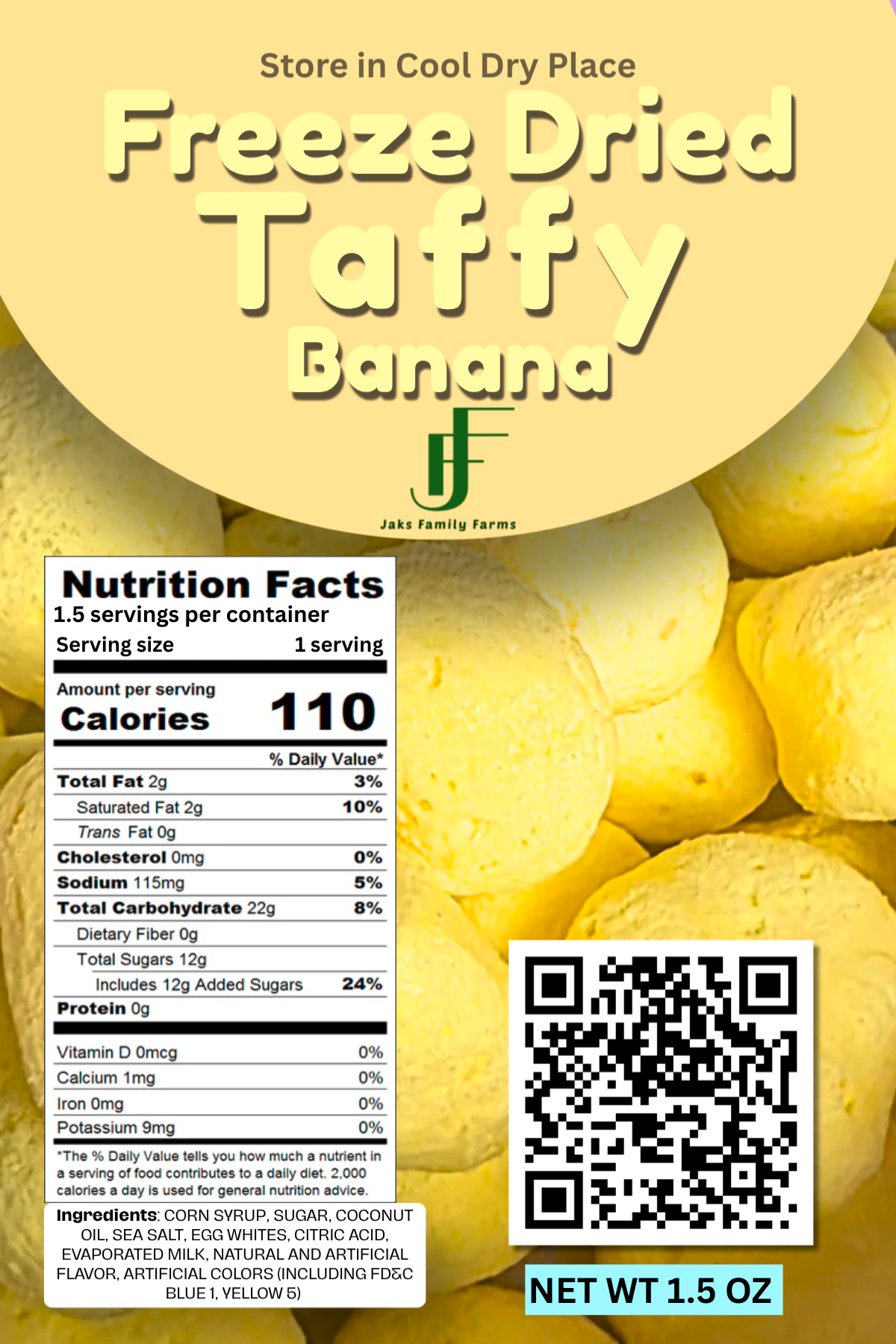 Label for freeze-dried taffy banana with nutrition facts