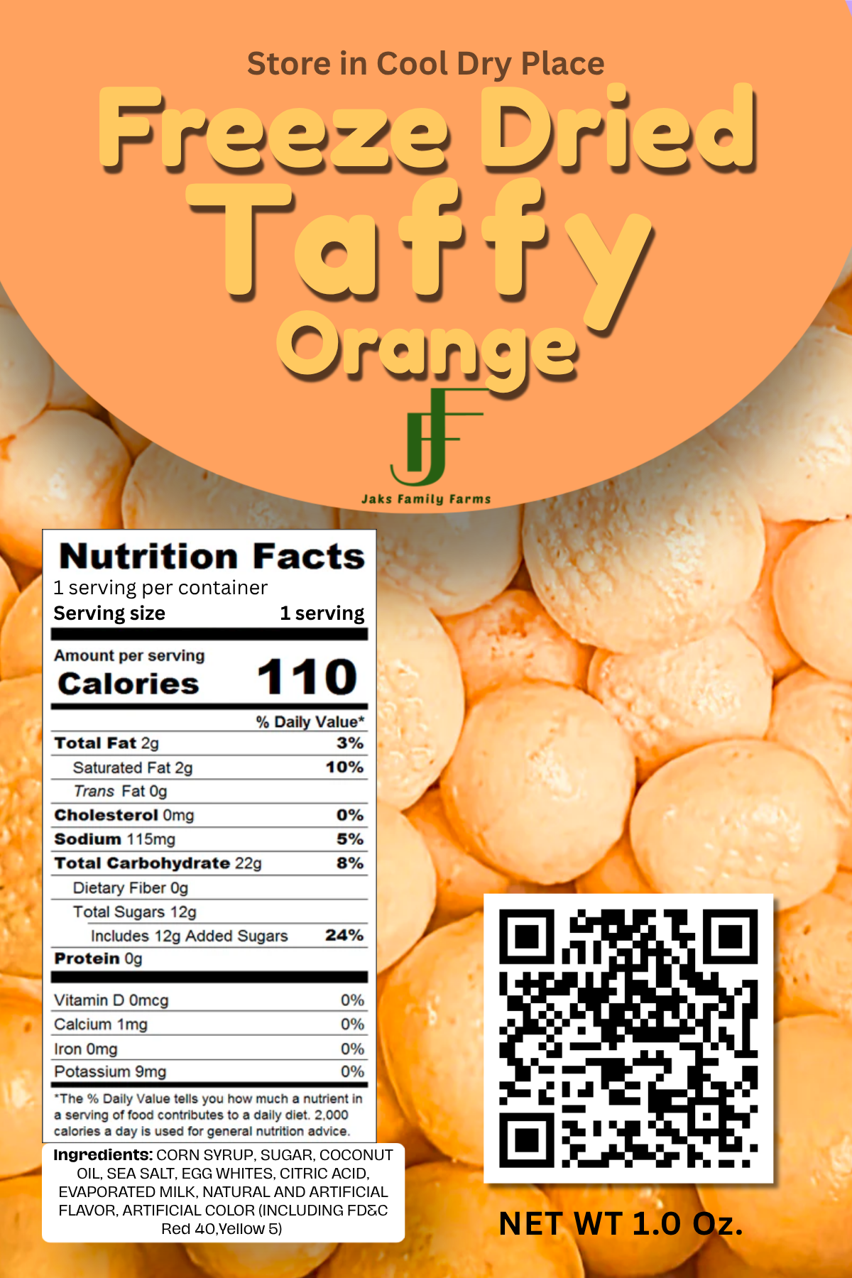 Orange freeze-dried orange taffy packaging with nutrition facts