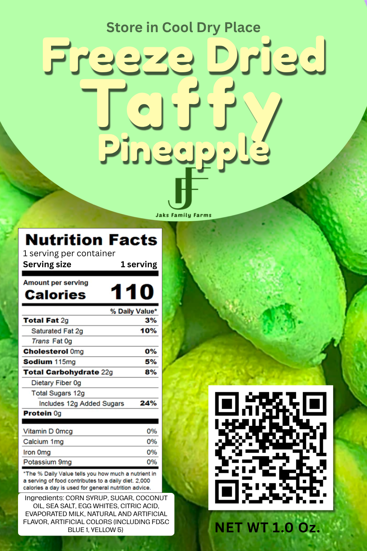 Nutrition facts for freeze dried Pineapple Taffy