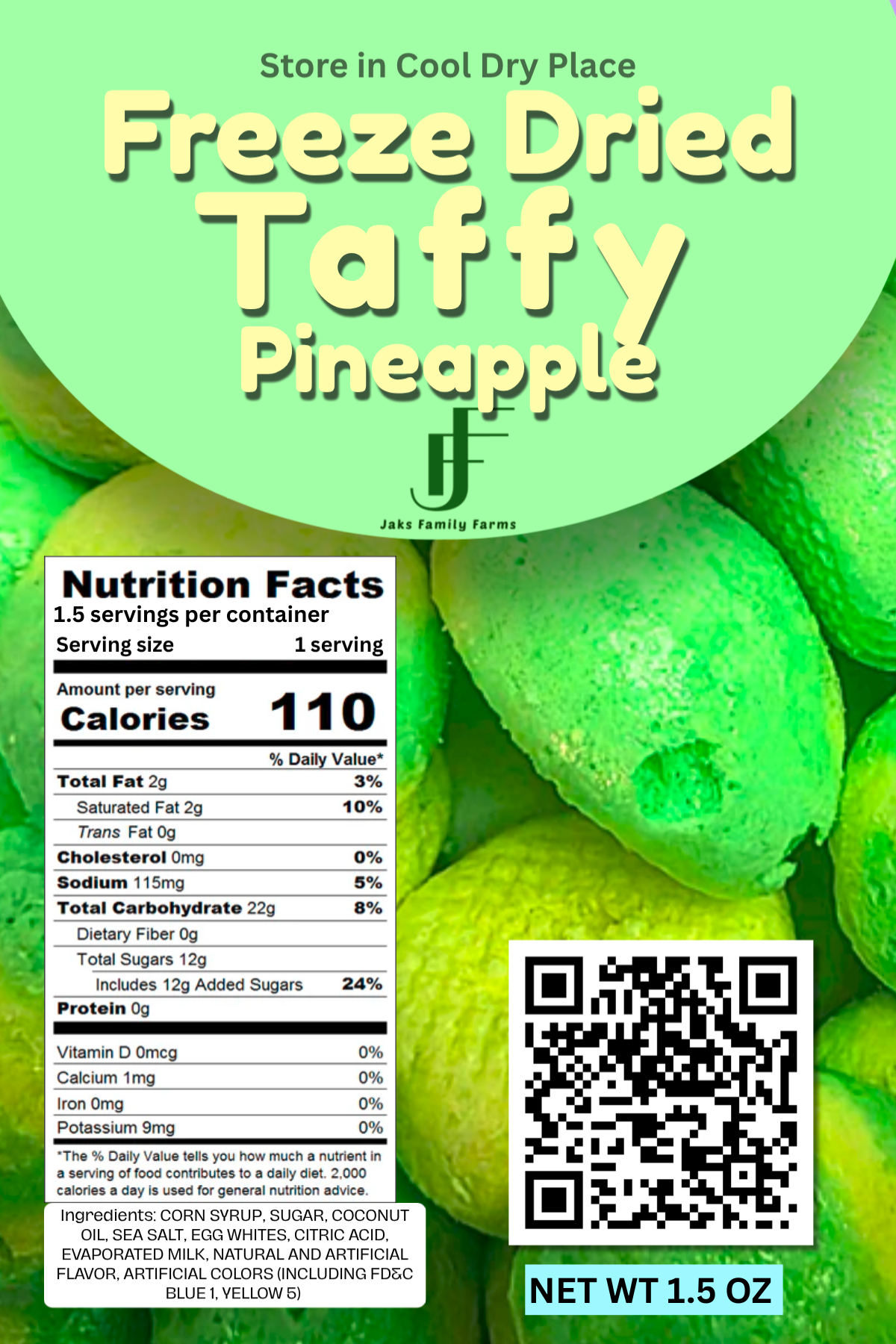 Nutrition facts for freeze dried Pineapple Taffy