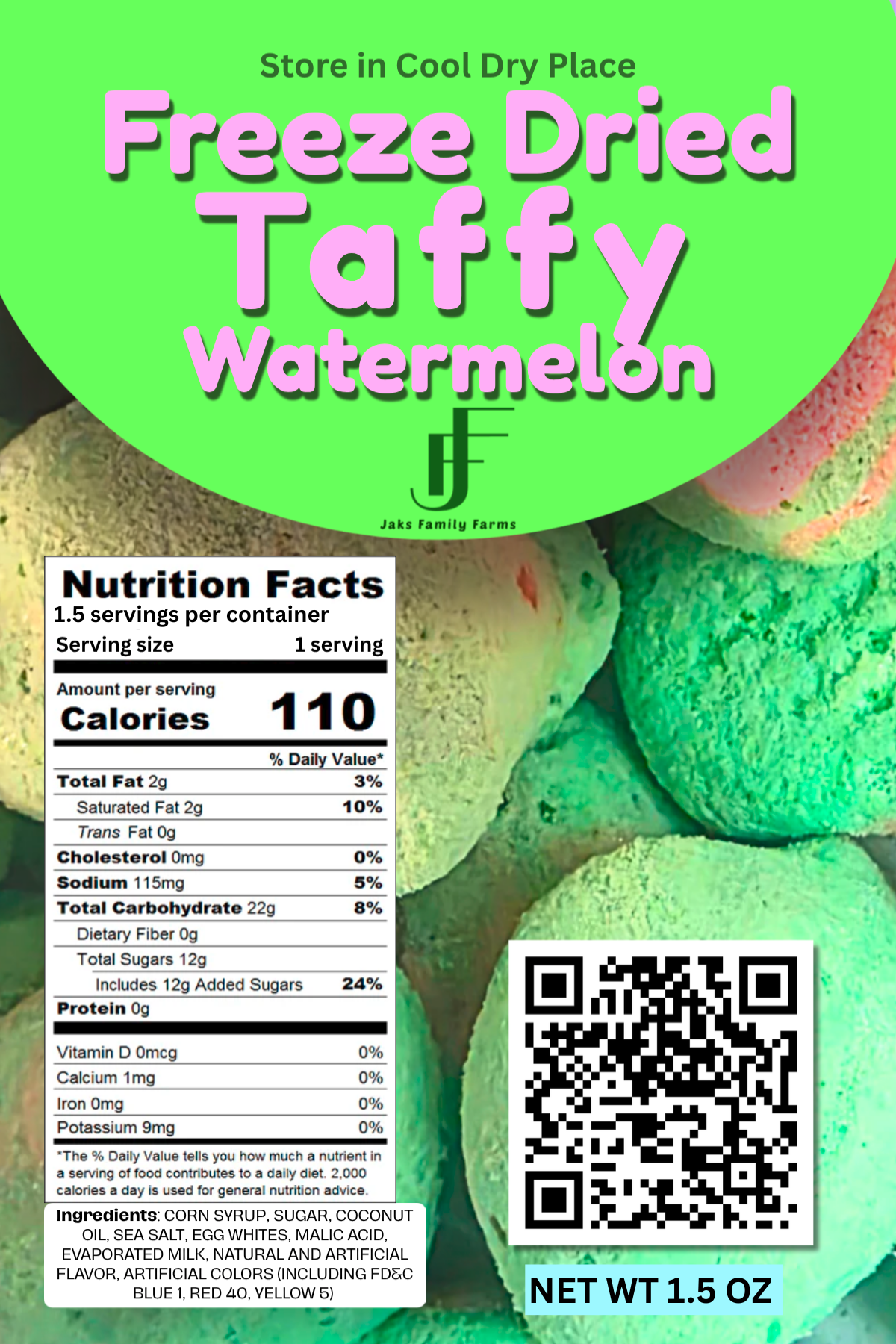 Freeze dried taffy watermelon packaging with nutritional information and QR code.