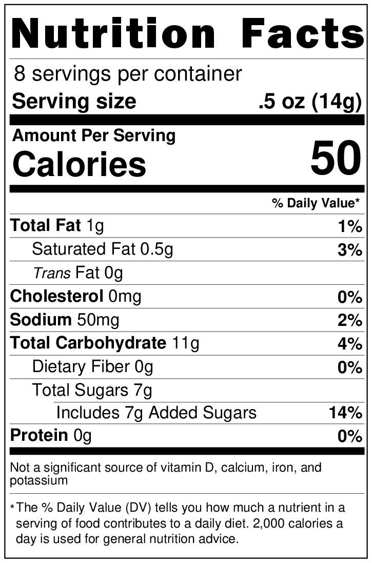 A Nutrition Facts label for a protein powder serving size of 0.5 oz (14g), showing calories, fat, cholesterol, sodium, carbohydrates, sugars, and protein content on a white background.