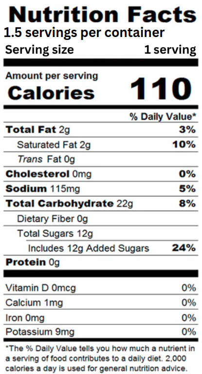 Nutrition label for freeze dried banana taffy