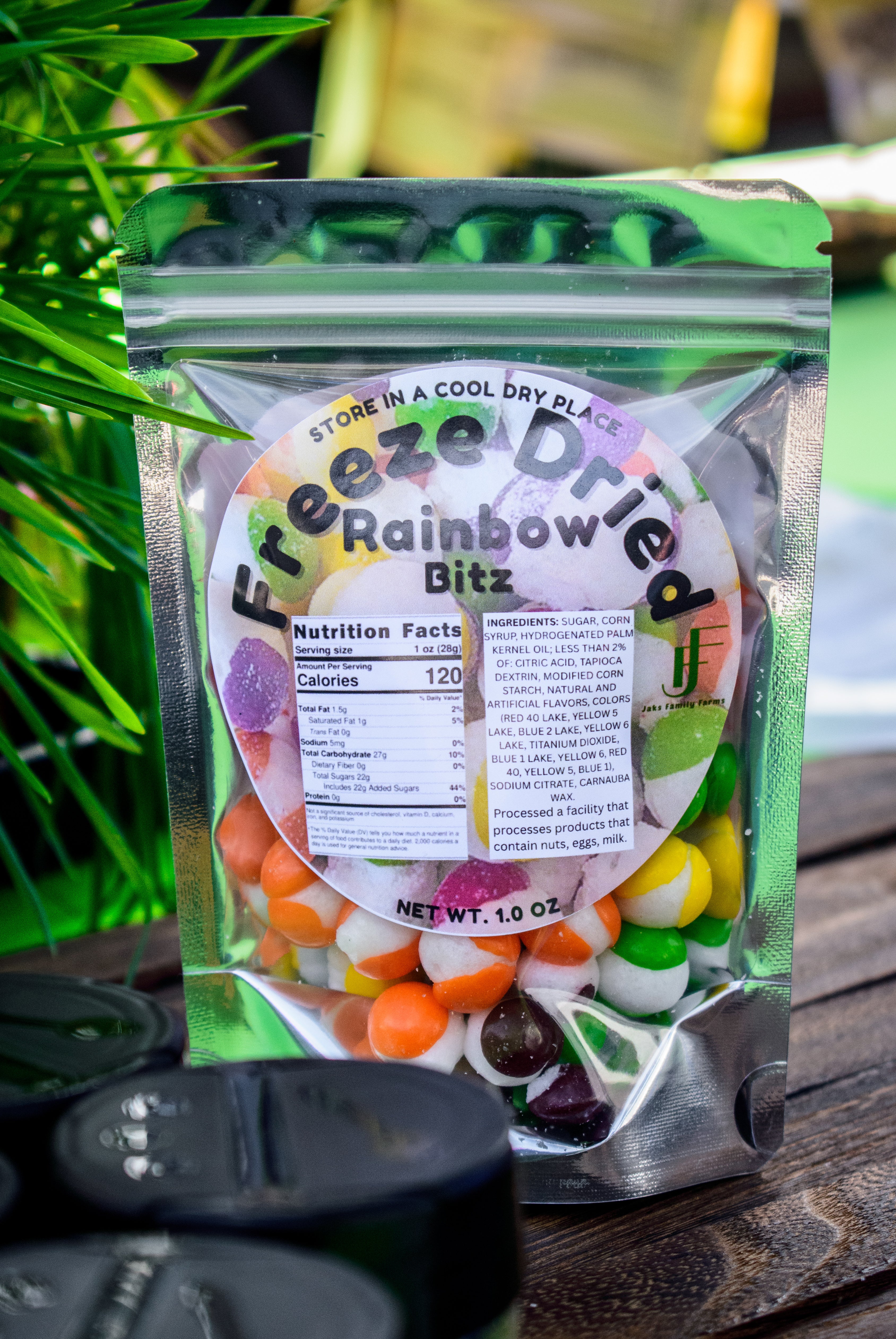 A pouch of Freeze Dried Rainbow Bitz on a wooden table