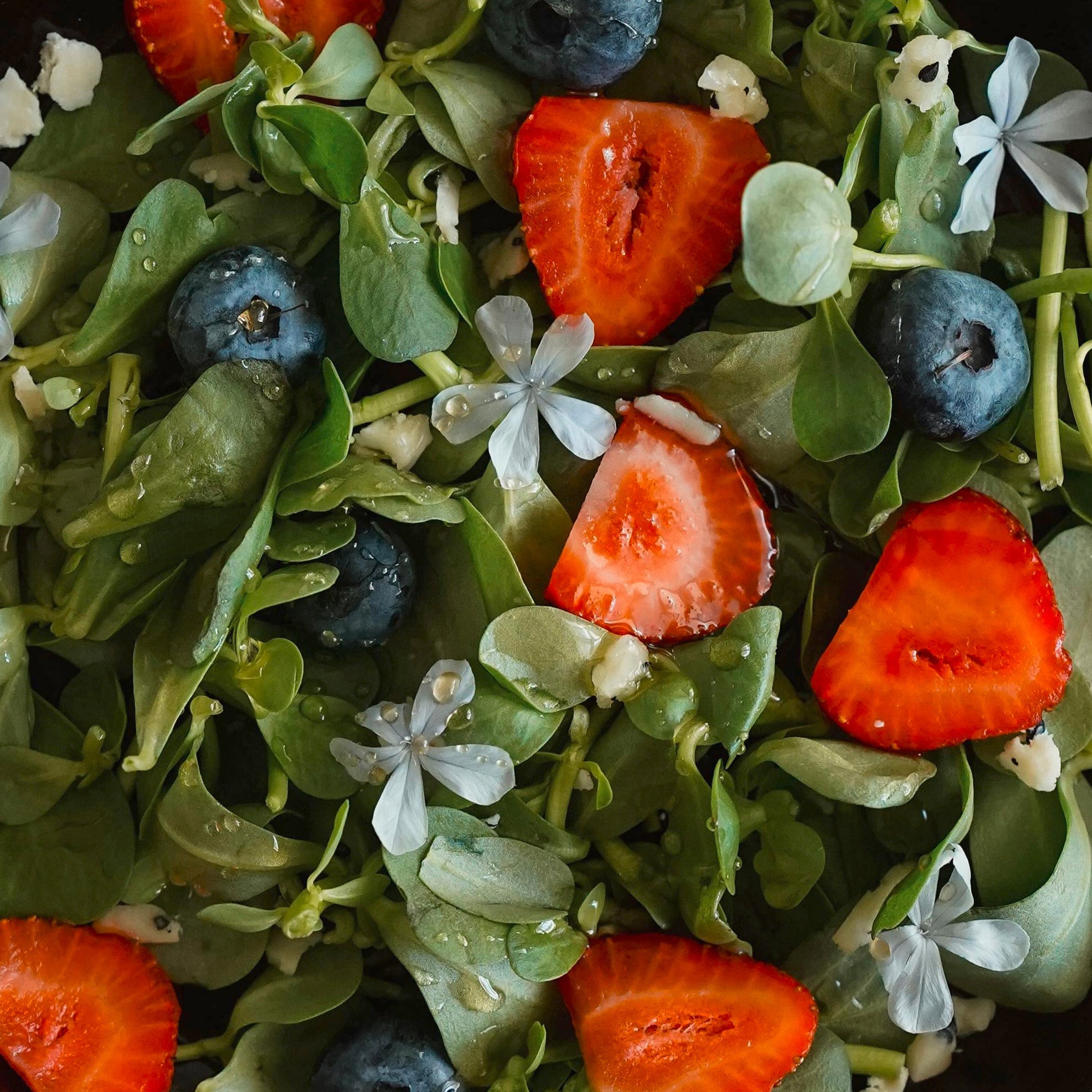 A bowl of microgreens mixed with strawberries and blueberries against a wooden table