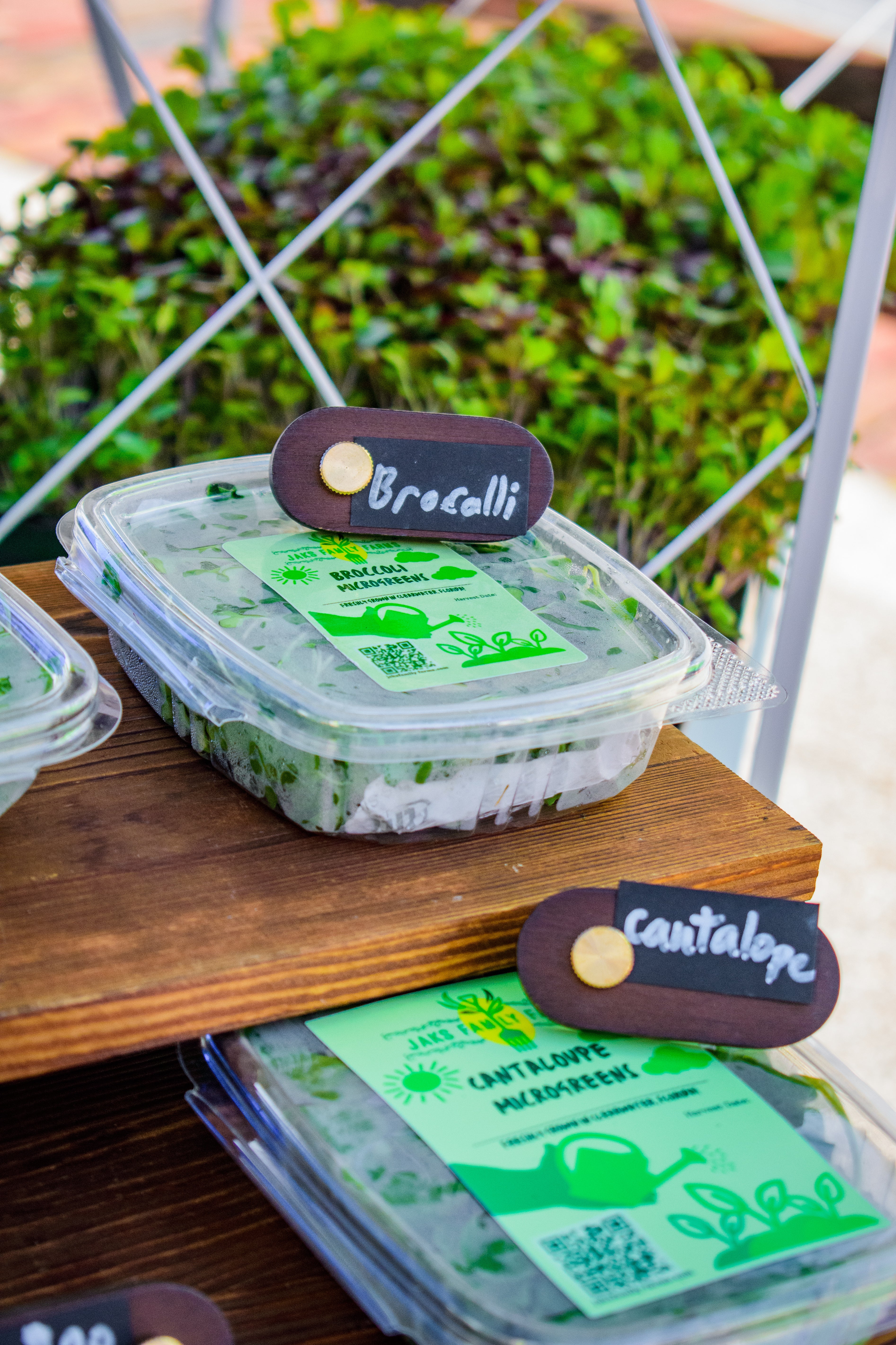 Two clear plastic containers of fresh cut greens on a wooden table, labeled 'Broccoli' and 'Cantaloupe' with green stickers, set outdoors in front of a white trellis and greenery.