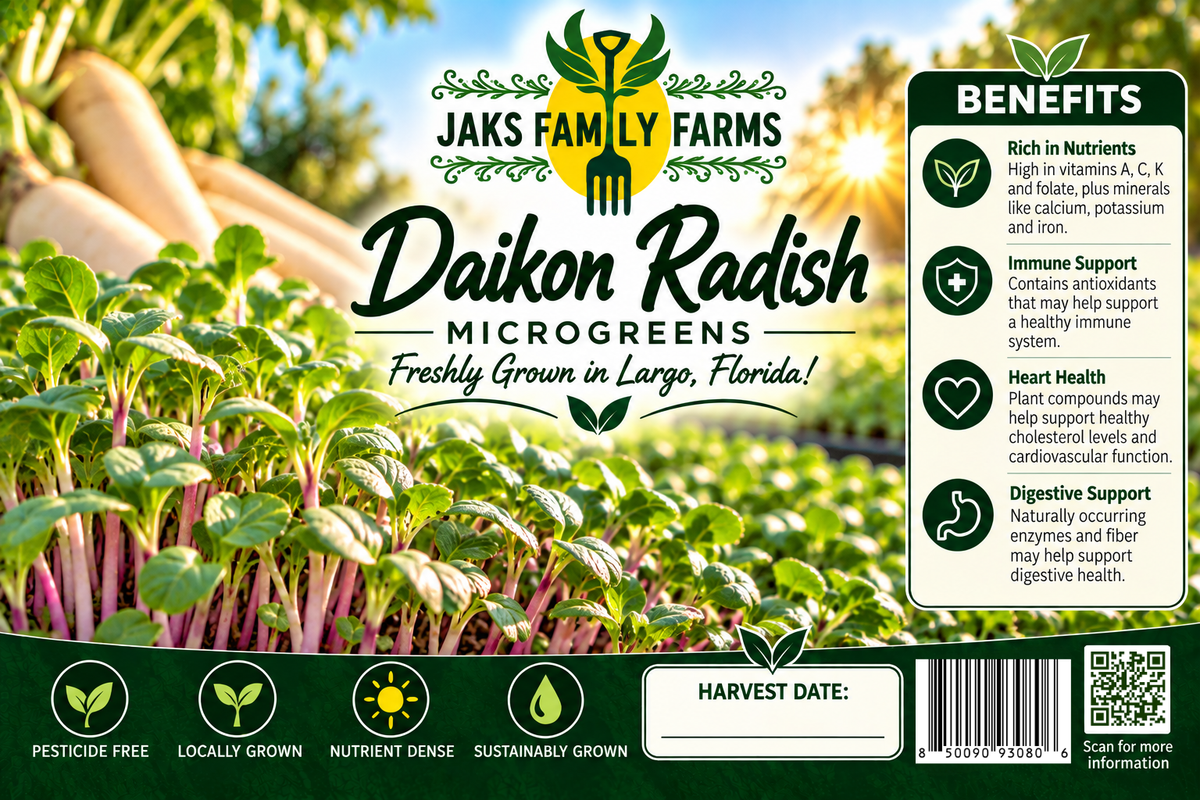 Front of a Daikon Radish Microgreens product label by Jaks Family Farms, showing a field of green microgreens, product name, benefits panel, harvest date field, barcode, and QR code.