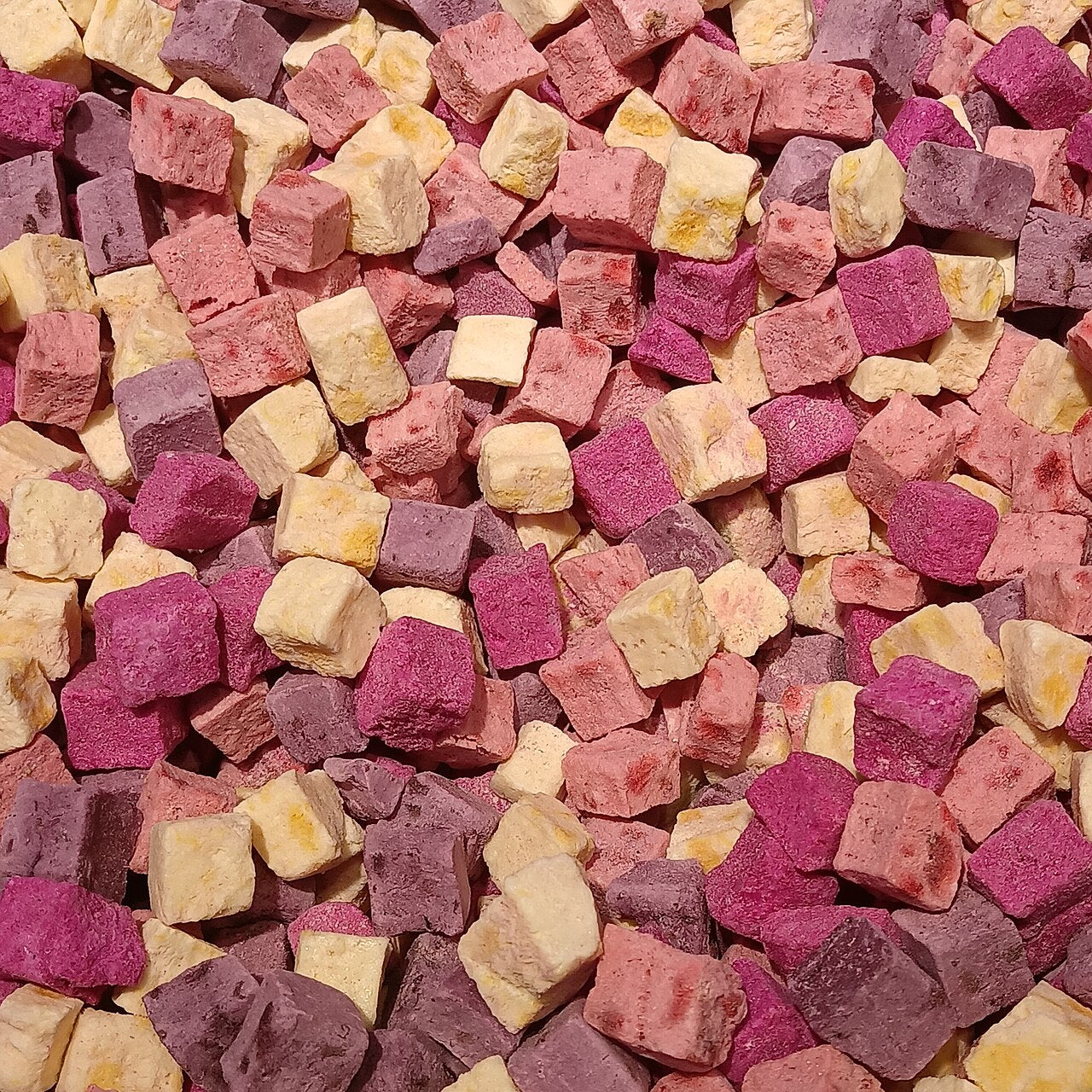 An assortment of freeze dried fruit, including strawberry and bananas