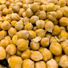 Freeze dried chick peas which are golden brown with a crunchy texture