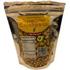 A stand-up resealable pouch of freeze dried chickpeas on a plain white background. The packaging is metallic silver with a large yellow front label reading 'Freeze Dried Chickpeas' and 'Tajin Flavored.